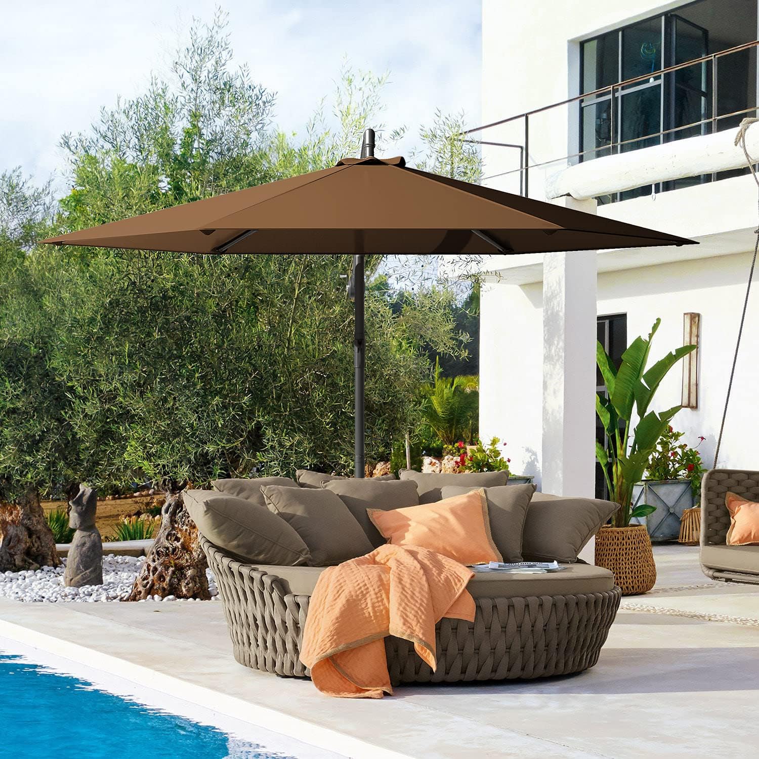 Greesum 10FT Offset Patio Umbrella with 6 Ribs, Outdoor Market Hanging Umbrella with Crank and Easy Tilt, for Garden, Lawn, Backyard & Pool, Without Base, Brown
