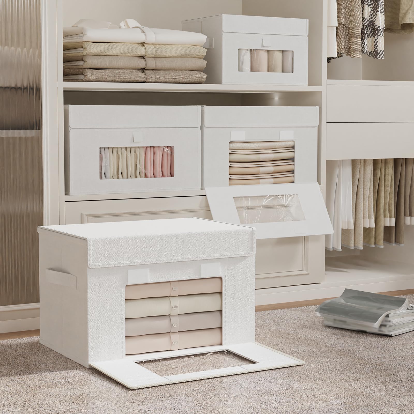 Scatole Portaoggetti con Coperchio, 26x20x17 cm, Bianco, Set di 4 ﻿ | Scatole con Maniglie Robuste e Finestra Trasparente, Pratiche Unità Di Organizzazione Domestica, Contenitori Pieghevoli