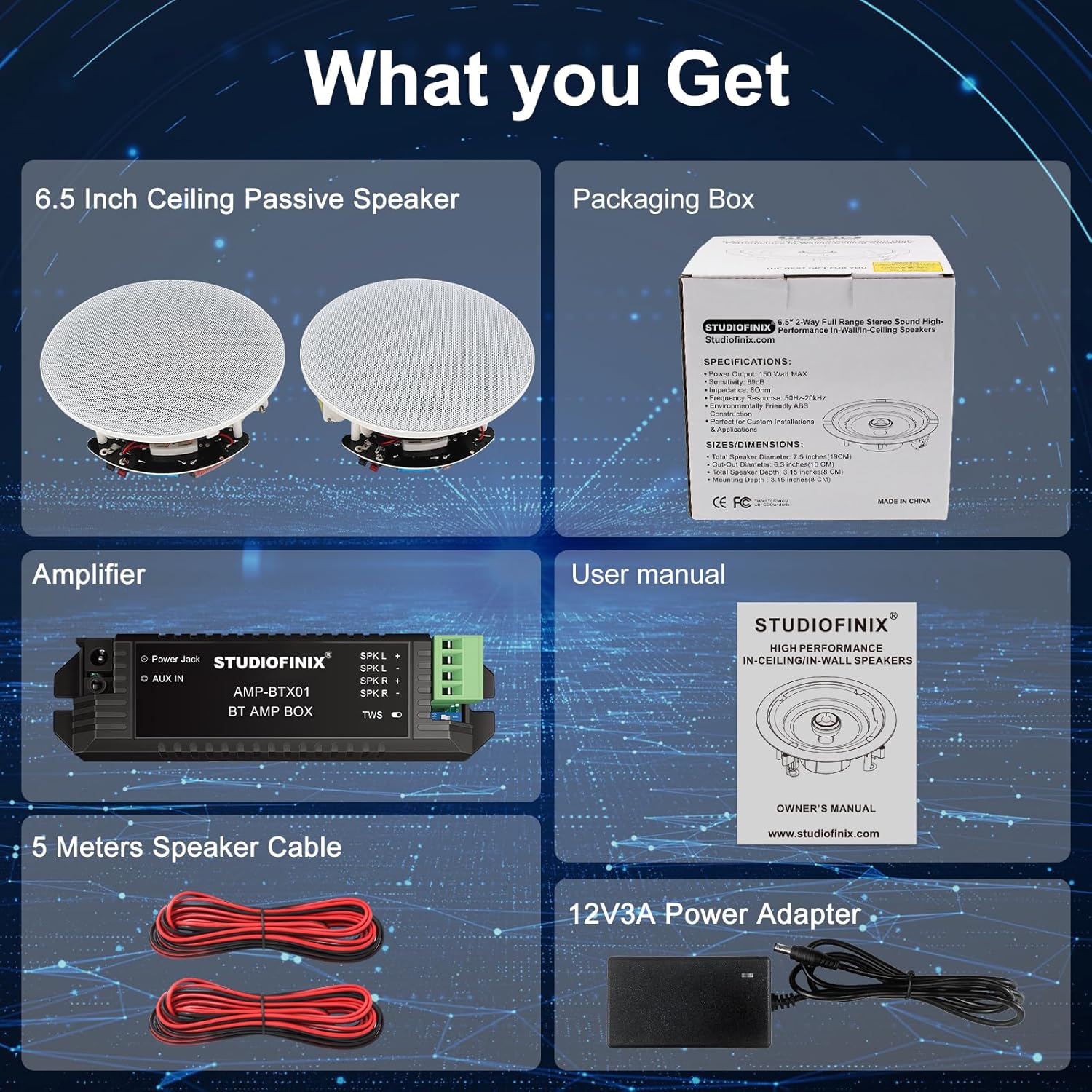 Image showing the contents of the STUDIOFINIX speaker system package: two white in-ceiling speakers, a black Bluetooth amplifier, a power adapter, and two red speaker cables.