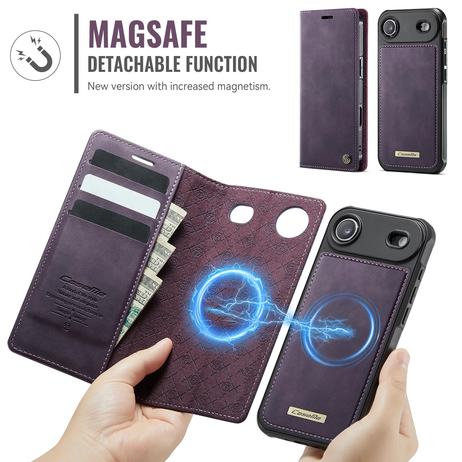 Etui portfelowe na iPhone'a 17 Air z 3 przegródkami na karty i przegródkami na gotówkę, magnetyczne zamknięcie z klapką, odłączany magnetyczny design 2 w 1, kompatybilne z Magsafe - fioletowe