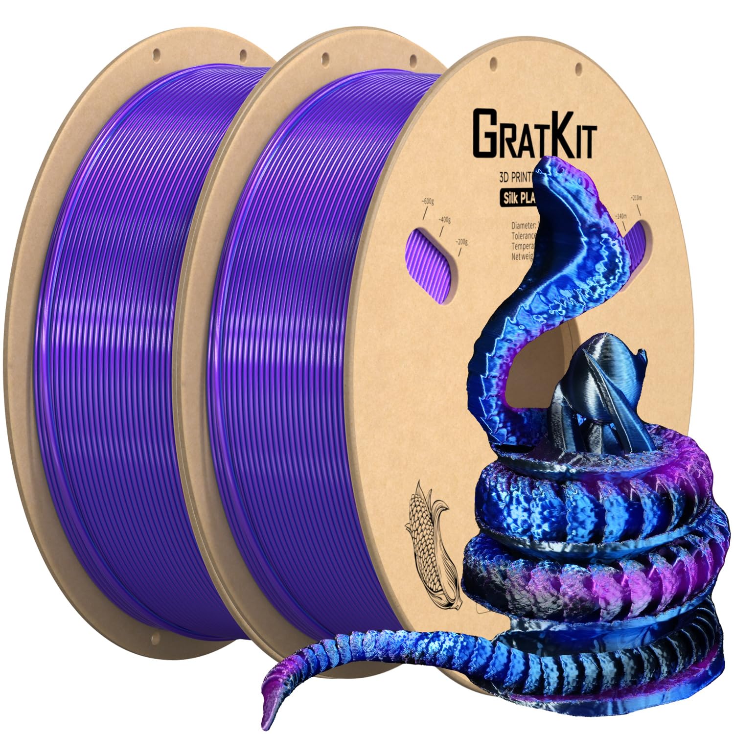 Gratkit Silk Tri-Color PLA Filament, 2 * 1KG, Silk Blue Purple Black 2KG
