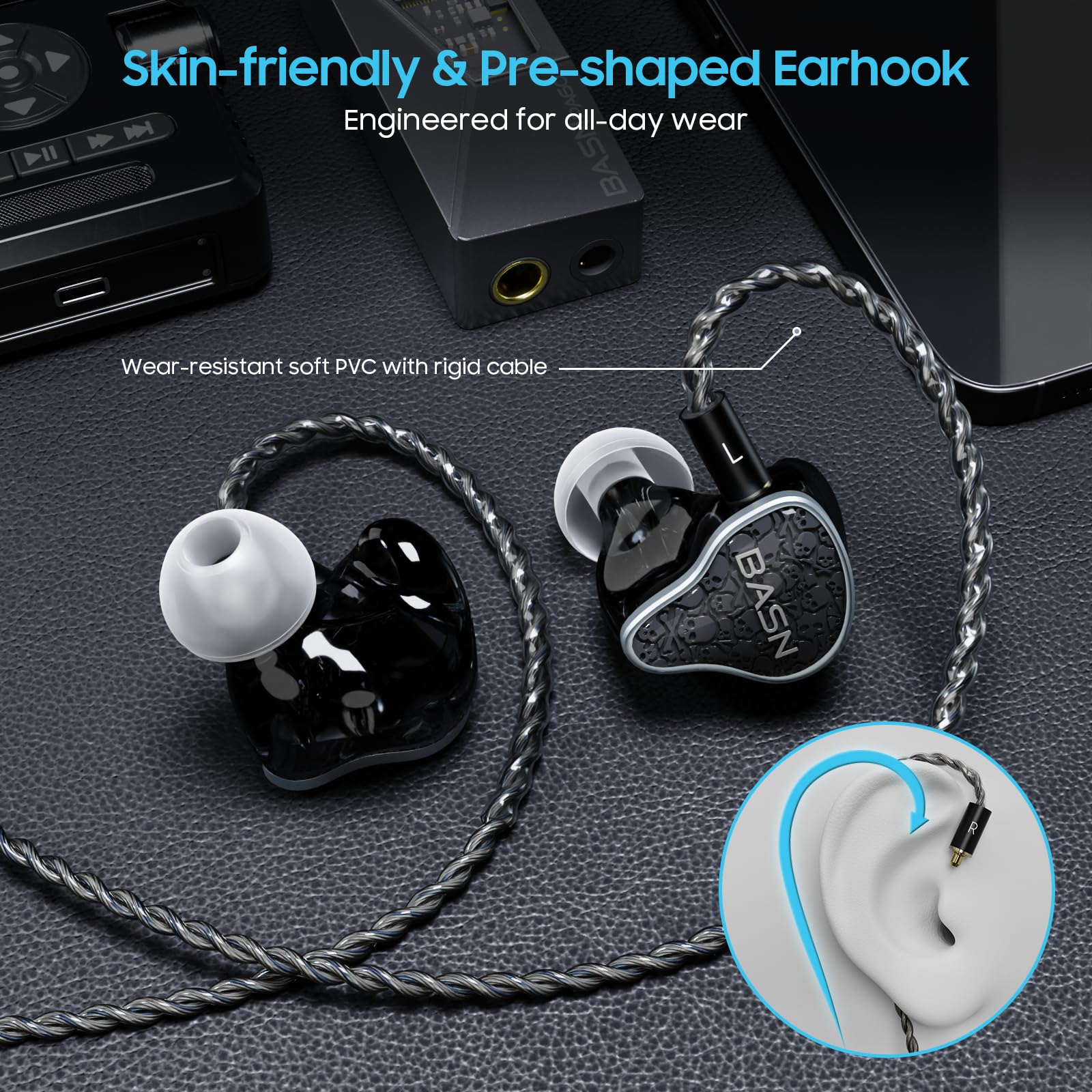 BASN Cavo per cuffie USB C DC100, cavo Litz OFC placcato argento di tipo C, cavo MMCX IEM con connettori bilanciati da 3,5/4,4 mm per auricolari musicisti (nero, tipo C/3,5/4,4 mm)