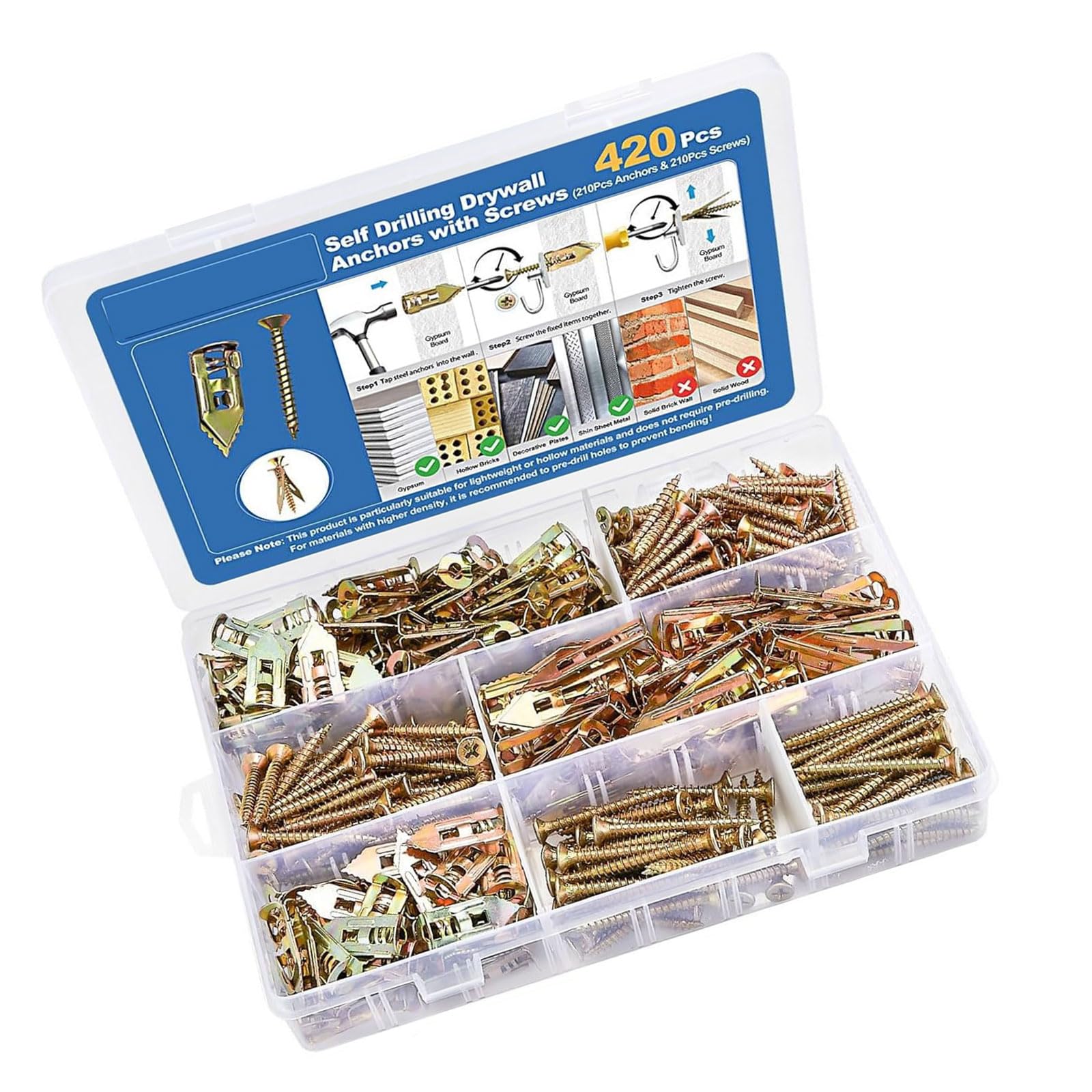 JAMIEKA 420Pcs Drilling Drywall Anchors and Screws Plasterboard Wall Fixing Plug for Wall Panels and Ceiling Installation