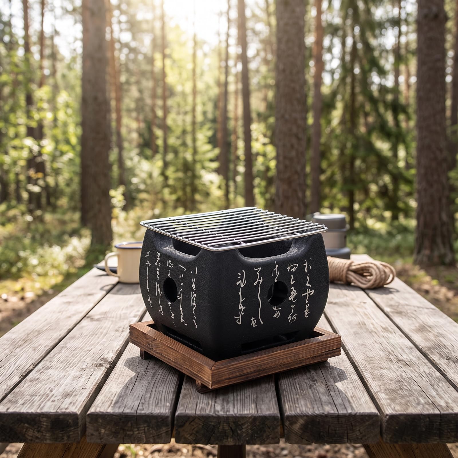 Griglia da Tavolo a Carbone Giapponese Braciere con Base in Legno Portatile Mini Barbecue a Carbone per Coppie, Casa, Giardino