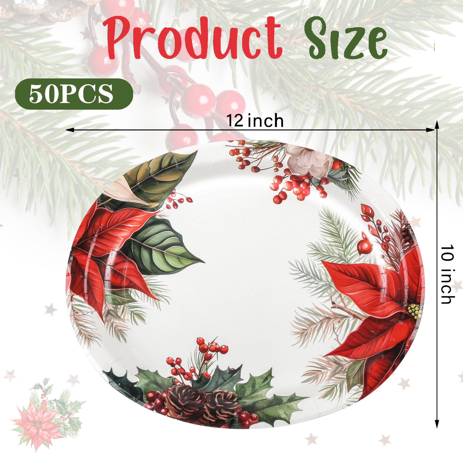 Juego de vajilla ovalada de Pascua de Navidad para 25 invitados, platos y servilletas desechables de papel floral rojo de Navidad, 50 piezas