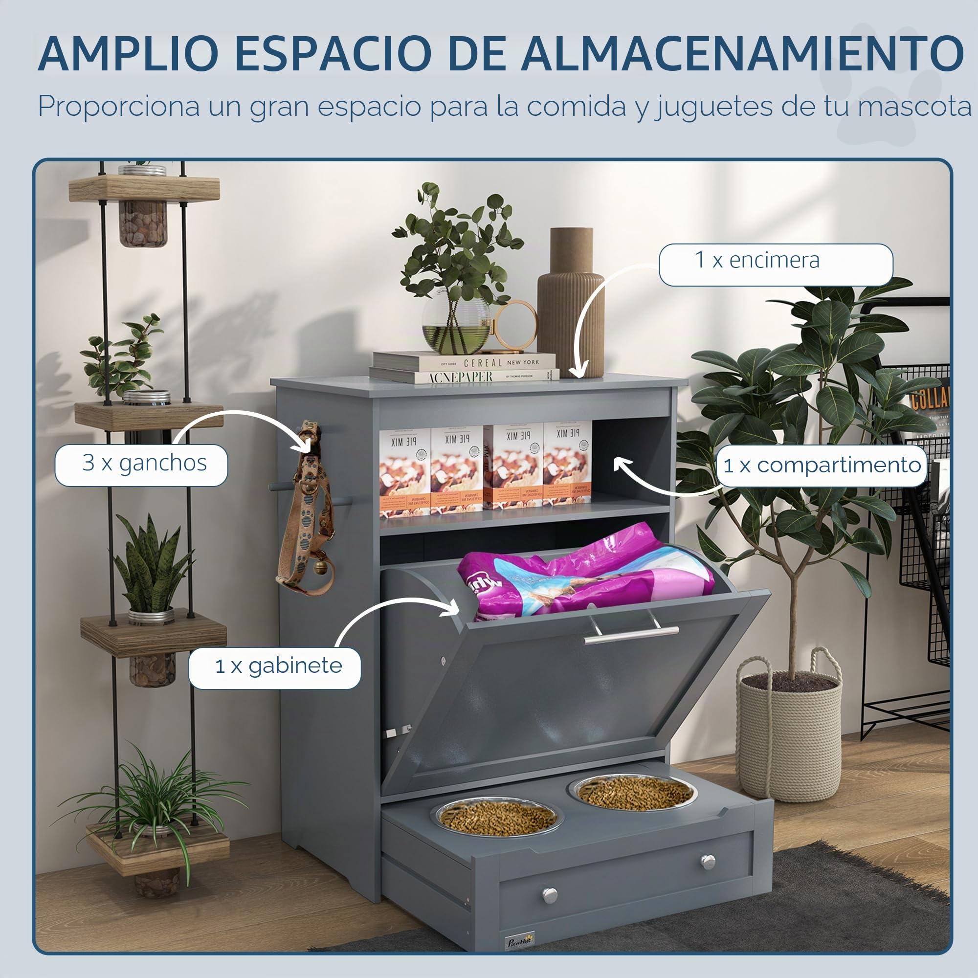 PawHut Estación de alimentación para mascotas, contenedor de almacenamiento de alimentos para perros con cuencos elevados para perros y colgador para suministros de alimentación y riego, gris