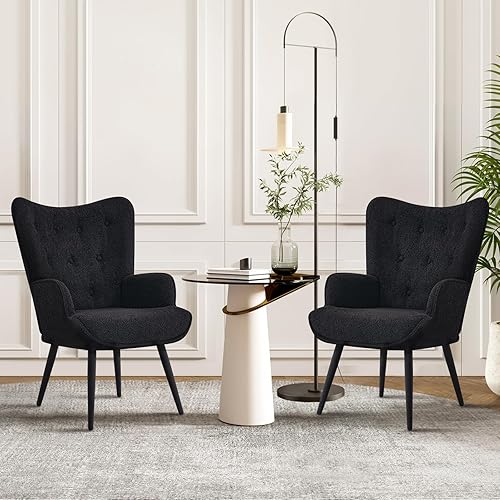 Miniatura 3 de Furnimart Silla decorativa de piel sintética negra con respaldo de ala, silla moderna para sala de estar, cómoda silla de invitados para oficina,