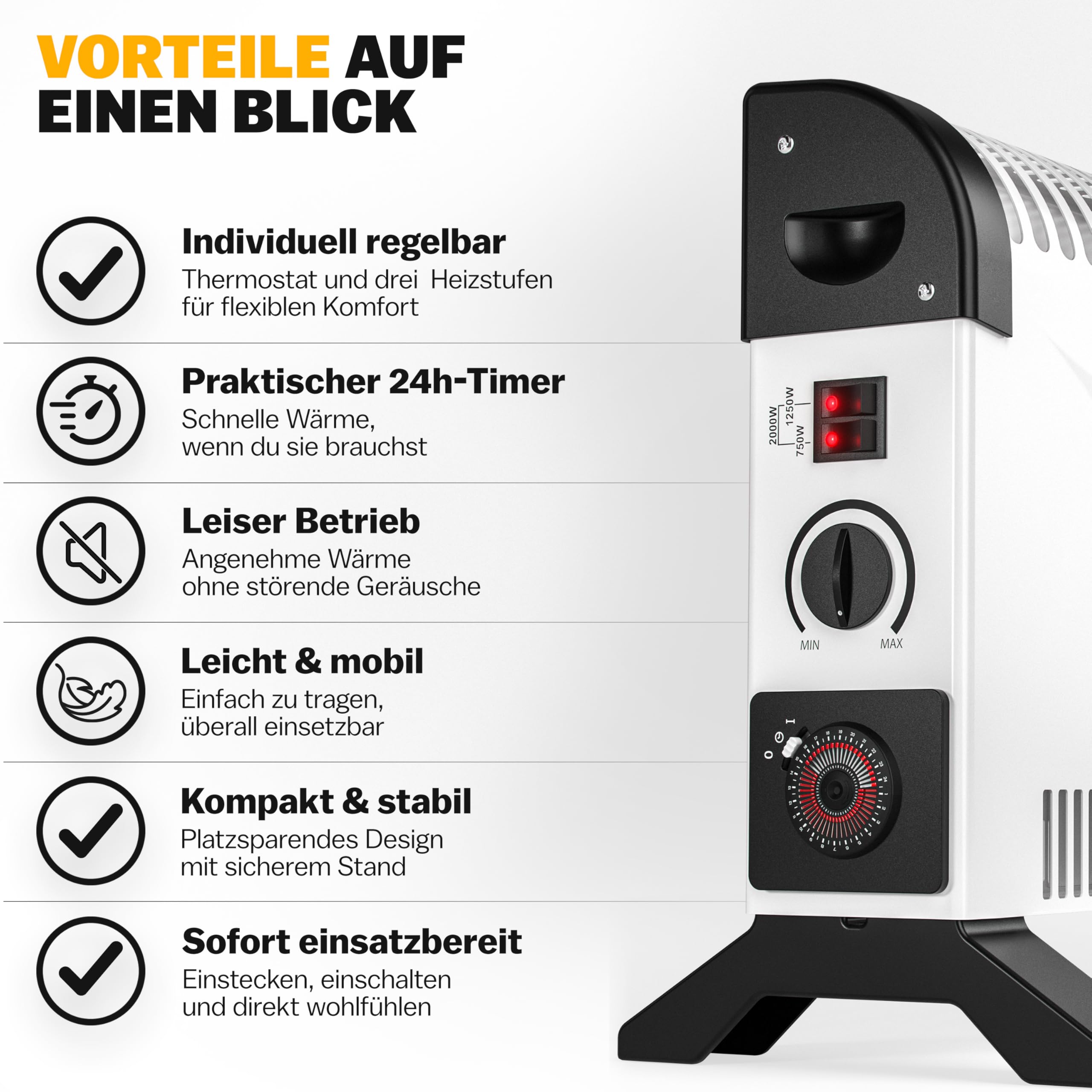 Monzana Konwektor elektryczny grzejnik 2000 W, czujnik mrozu, w zestawie timer 24 h, 3 stopnie ogrzewania, elektryczny termostat, grzejnik