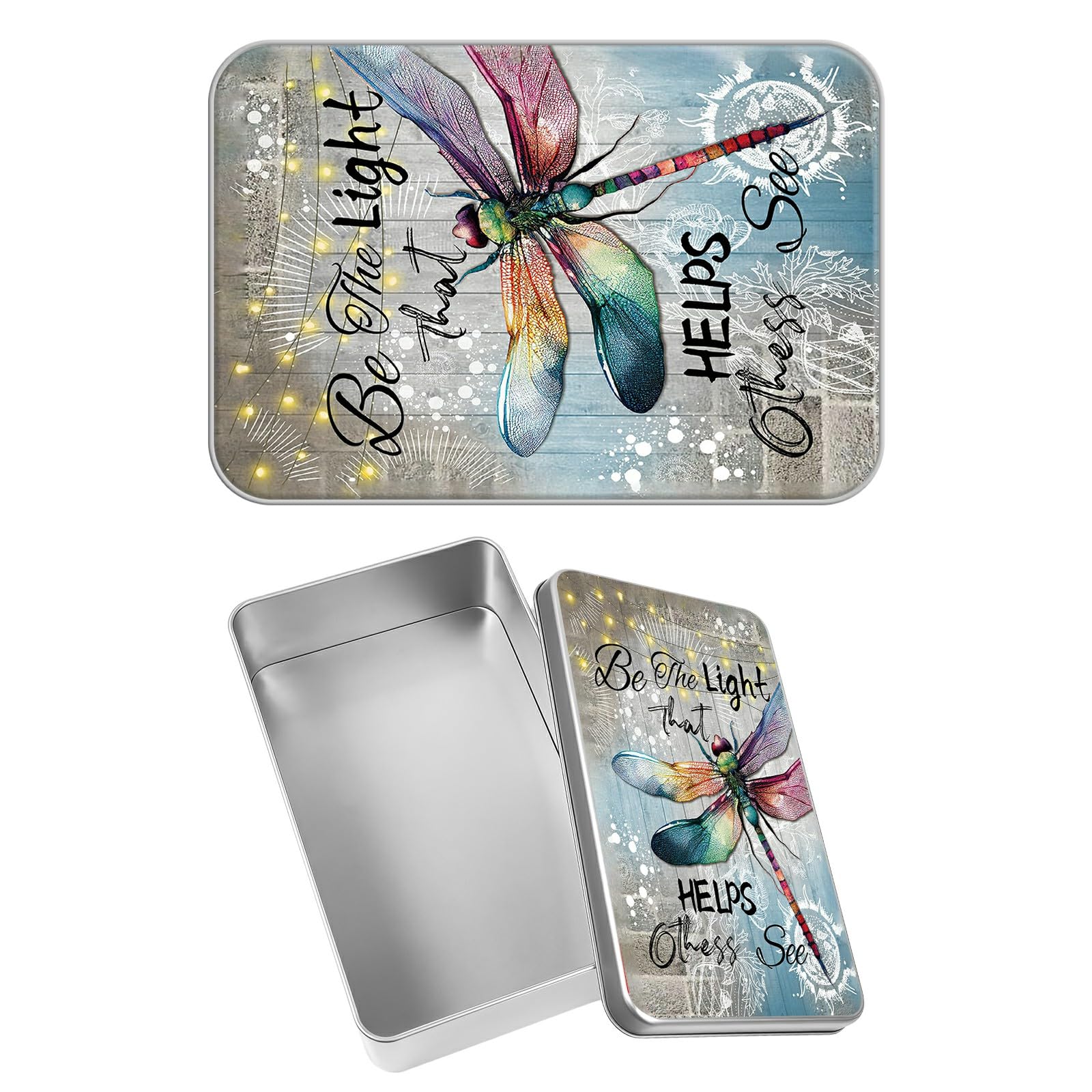 Rectangular Metal Tin Box with Removable Lid, Dragonfly Light Decorative Printed Metal Storage Container for Sweets Jewelry Tea Candies Cakes 7 x 4.33 x 2.17 inch– Single Pack