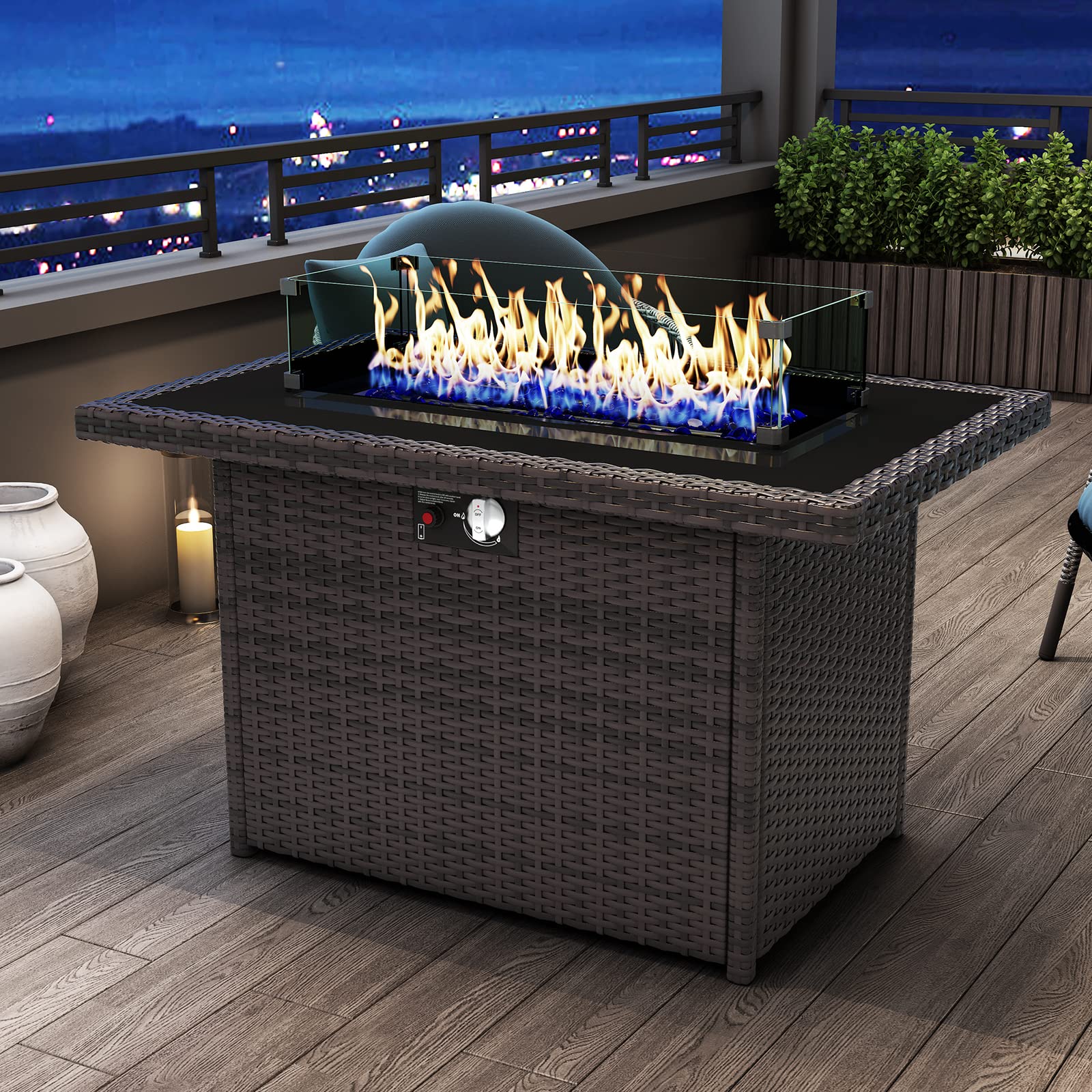KHOLH 44 Inch Wicker Rattan Fire Pit Table