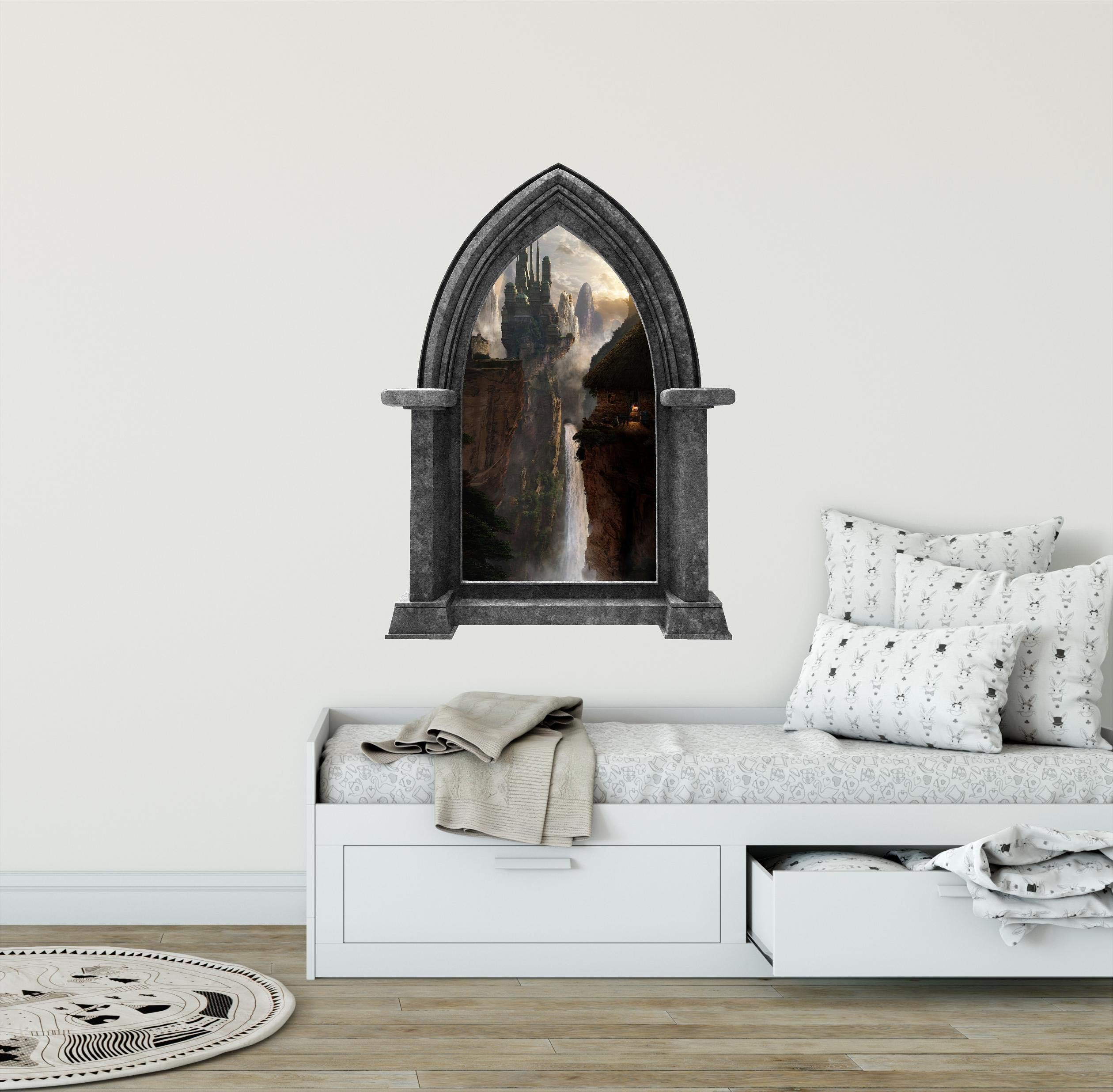 36" Castle Scape City in The Clouds #1 Castle Window Granite Stone Wall Decal Sticker Mural Mountain View Waterfall Fantasy Fairytale Medieval Kids Bedroom Playroom Wall Art Decor