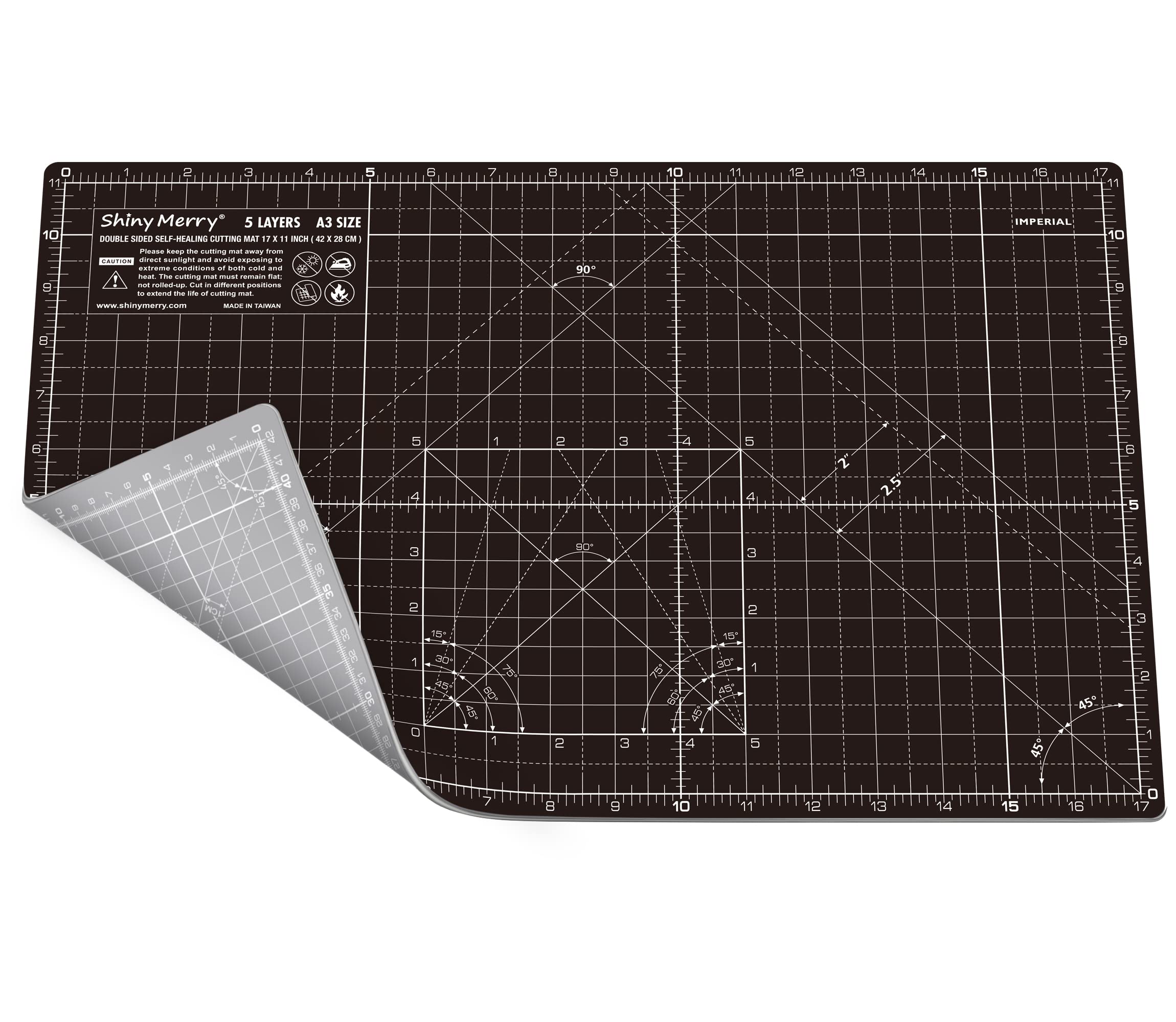 Shiny Merry Self Healing Cutting Mat A3 12"x18" – Double Sided 5-Ply Craft Mat for Sewing, Quilting, Fabric, Scrapbooking – Black/Gray