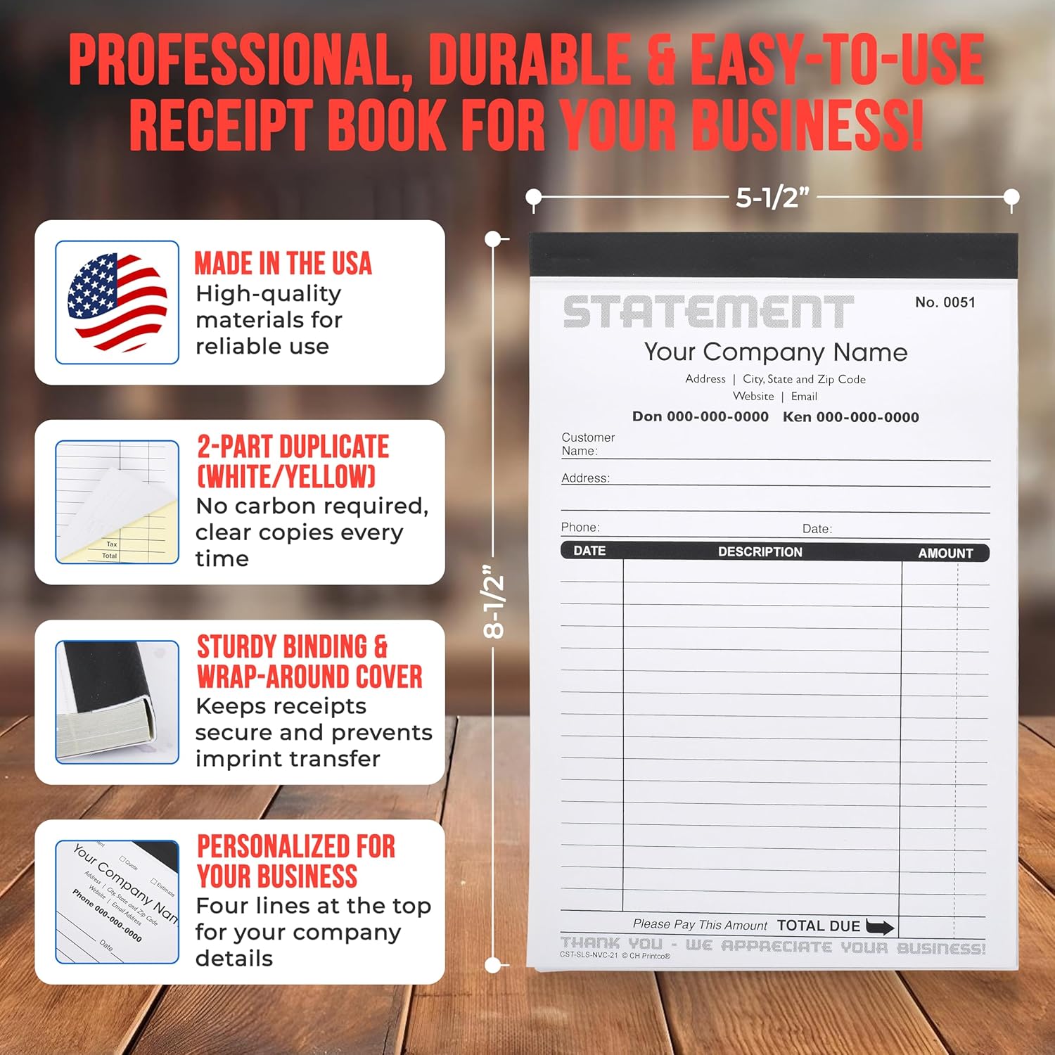 Generic Custom Statement - Personalized Duplicate Carbonless Form with Your Company Name - 2 Books (100 Sets) Numbered
