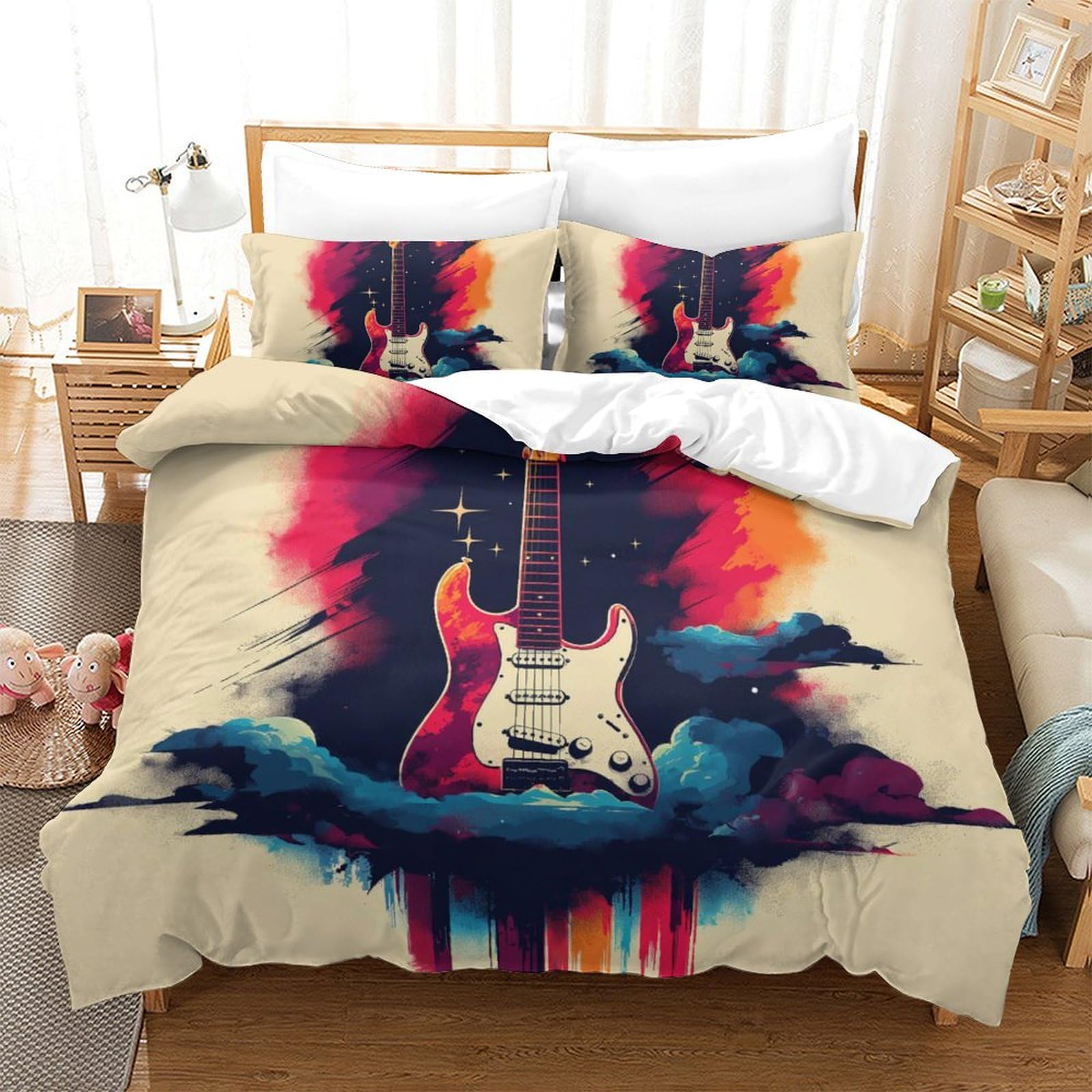 Parure de lit guitare 3 pièces avec housse de couette super king 260x220cm et taies d'oreiller