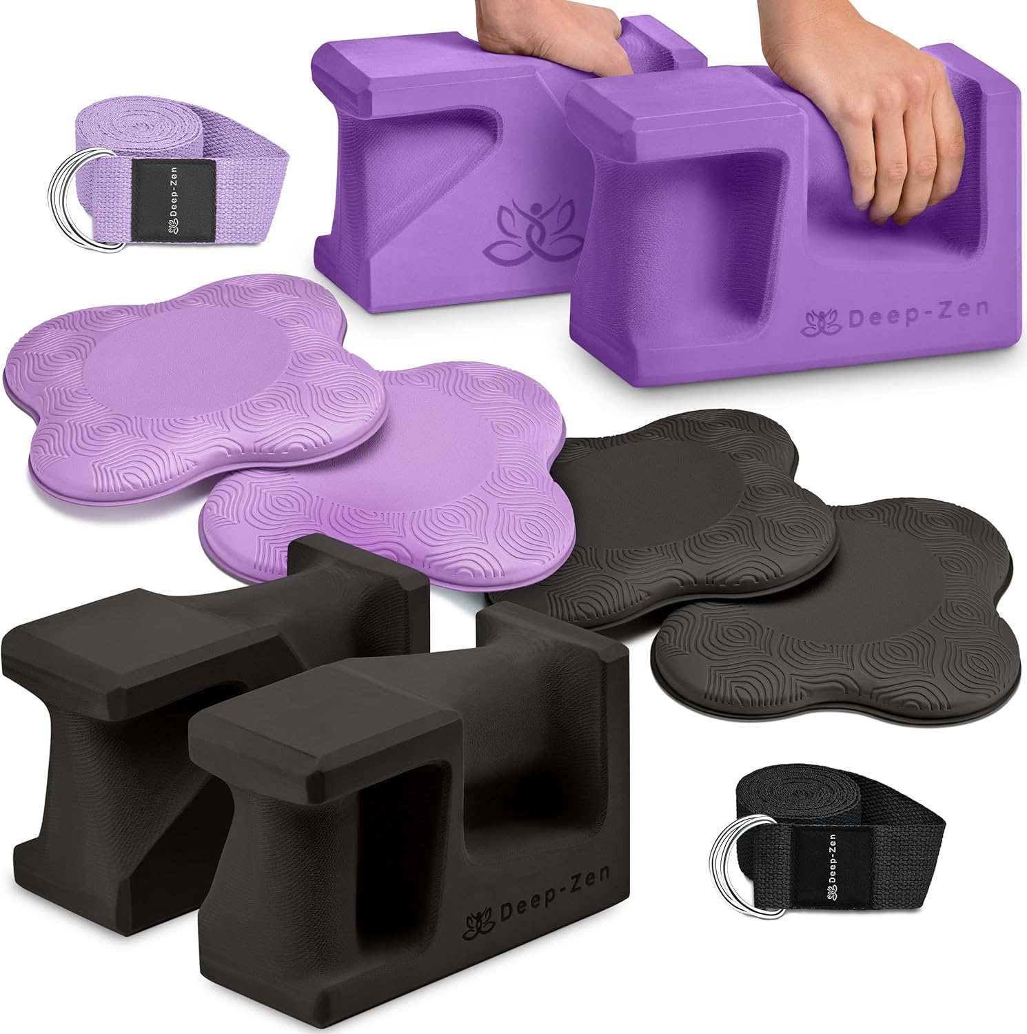 PRO Yoga Blocks: 2x Ergonomic Yoga Block 2 Pack for Wrist Comfort and Support | EVA Foam Exercise Blocks, 4x Knee Pads & 2x Yoga Straps | Pilates Block (Bundle of 2 Sets: Purple + Black)