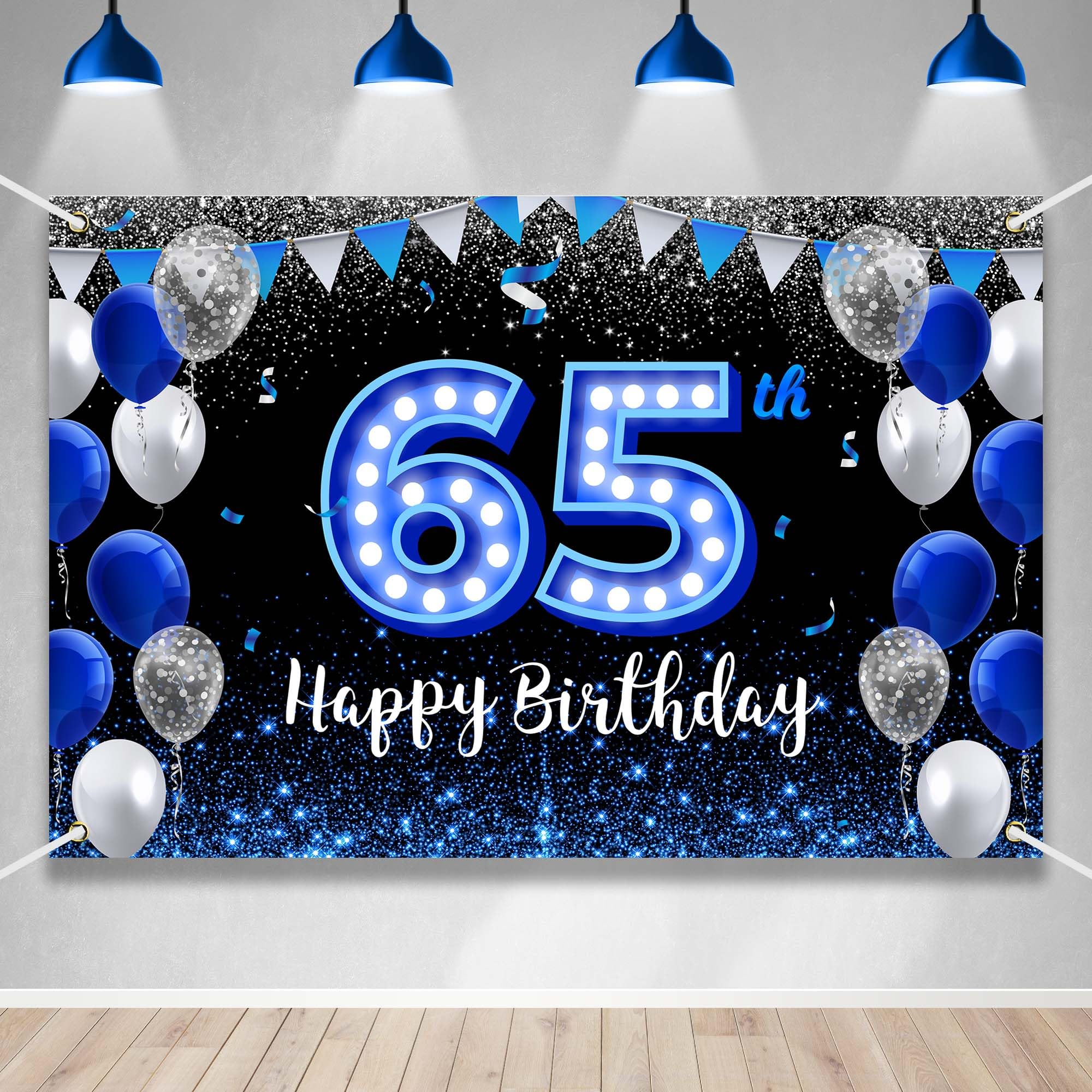 Happy 65th Birthday Backdrop Banner Blue Black Theme Background with Blue Neon Light Shiny Fashion Birthday Party Photo Photography Prop Booth