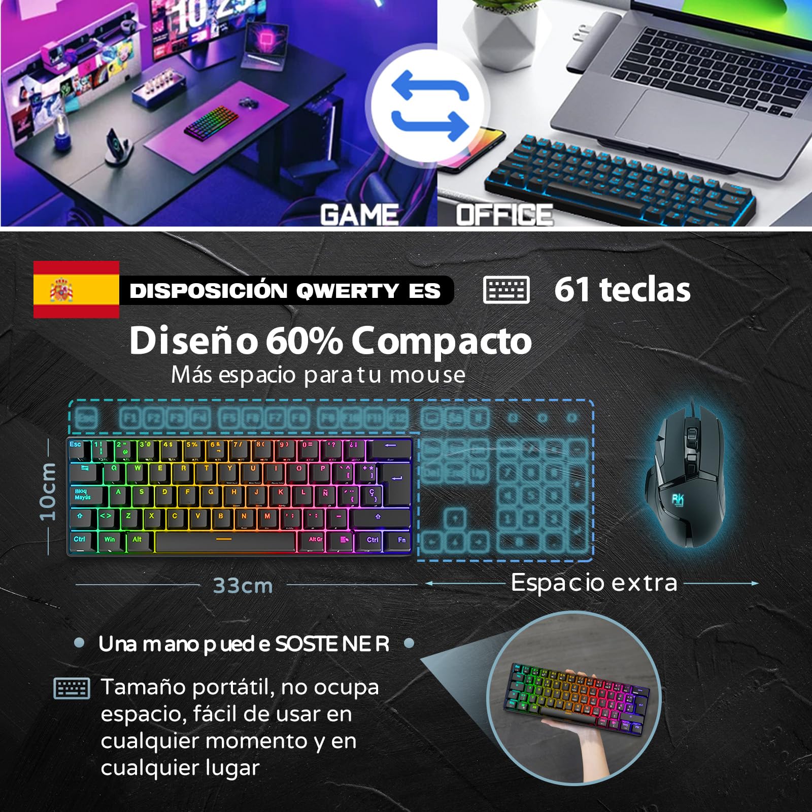 RK ROYAL KLUDGE RK61 Teclado Inalambrico, Español Teclado Mecánico Gaming 60% RGB Bluetooth/USB-C/2.4Ghz Interruptor Rojo Hot Swap Compatible con MacBook/iPad/iOS/Mac OX/Windows PC Tableta, Negro
