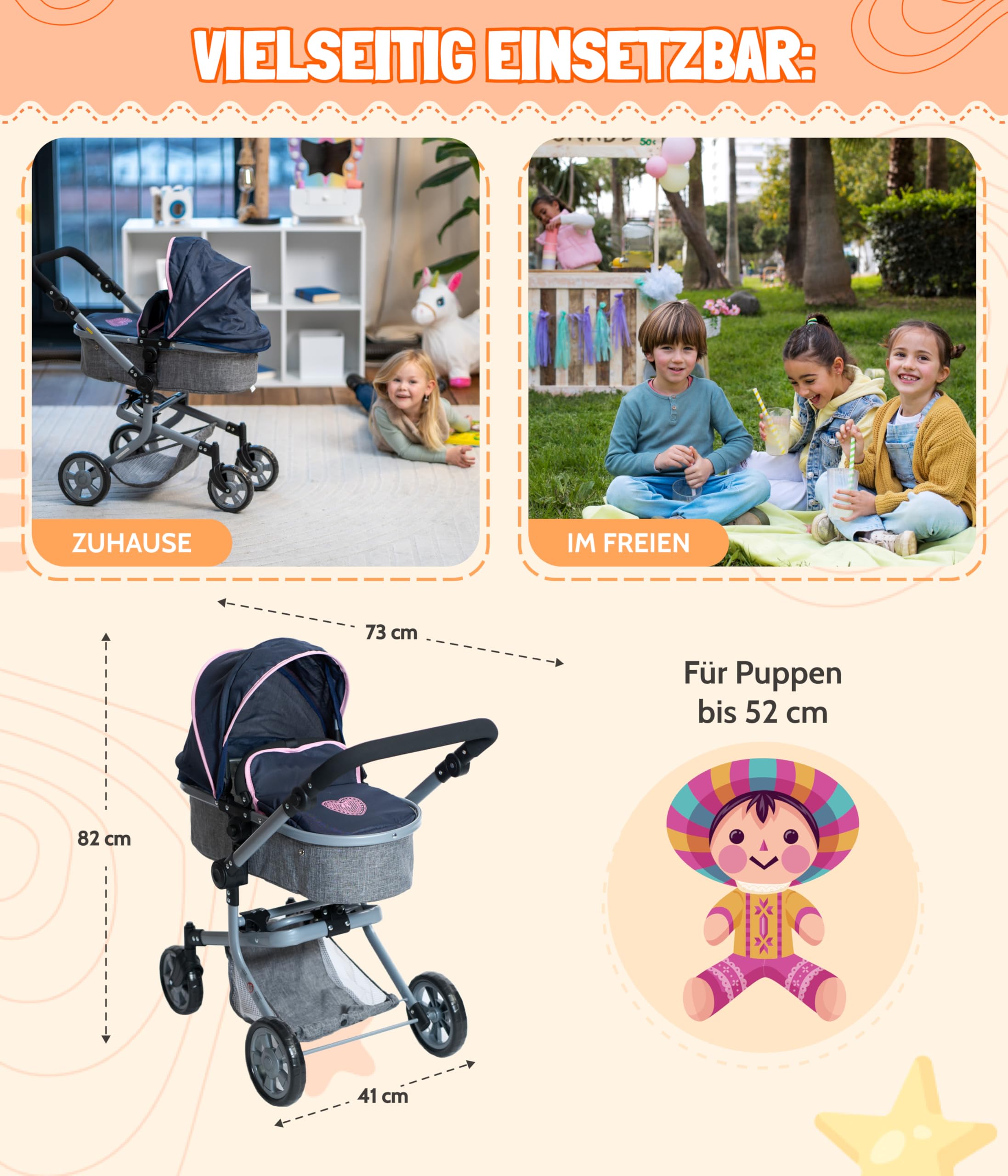 Bayer Chic 2000 - Passeggino per bambole Mika, passeggino combinato 2 in 1 per bambini dai 4 agli 8 anni, passeggino per bambole fino a 52 cm, orsetto, rosa, 73 x 41 x 82 cm