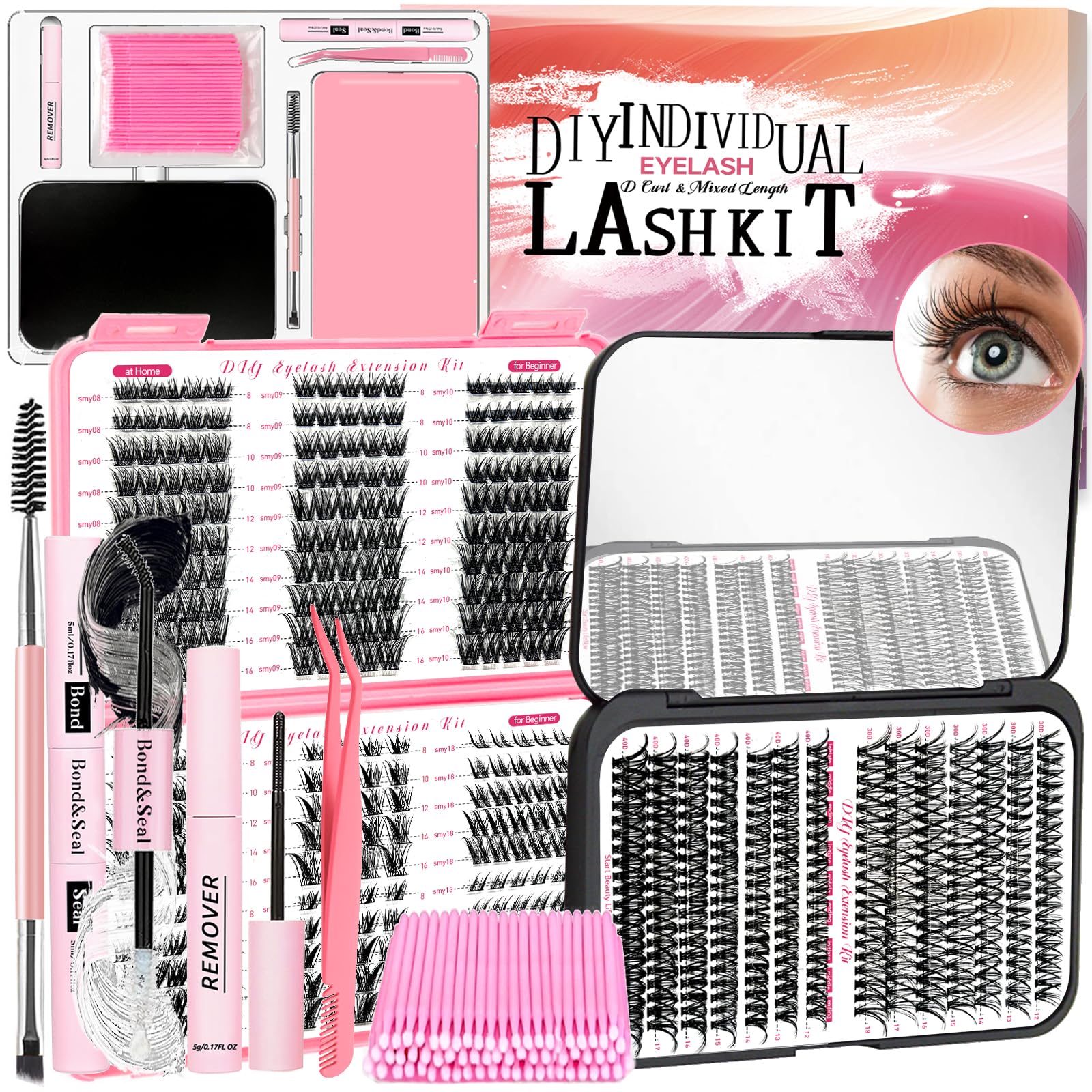 QUKLOGEN DIY Wispy Lash Extension Kit 570Pcs D Curl 6 styles Individual Lash Clusters Eyelash Extension with Lash Bond and Seal,Quick Glue Remover