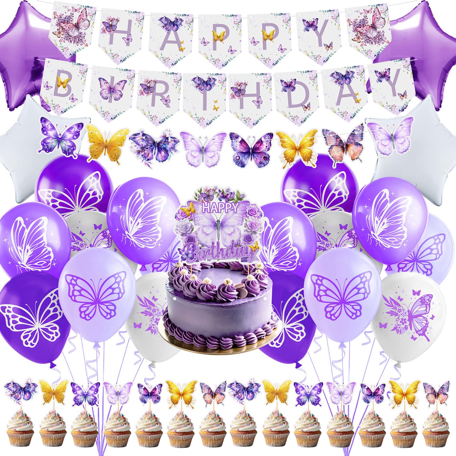 Amazon.com: Butterfly Birthday Decorations for Girls Purple Butterfly ...