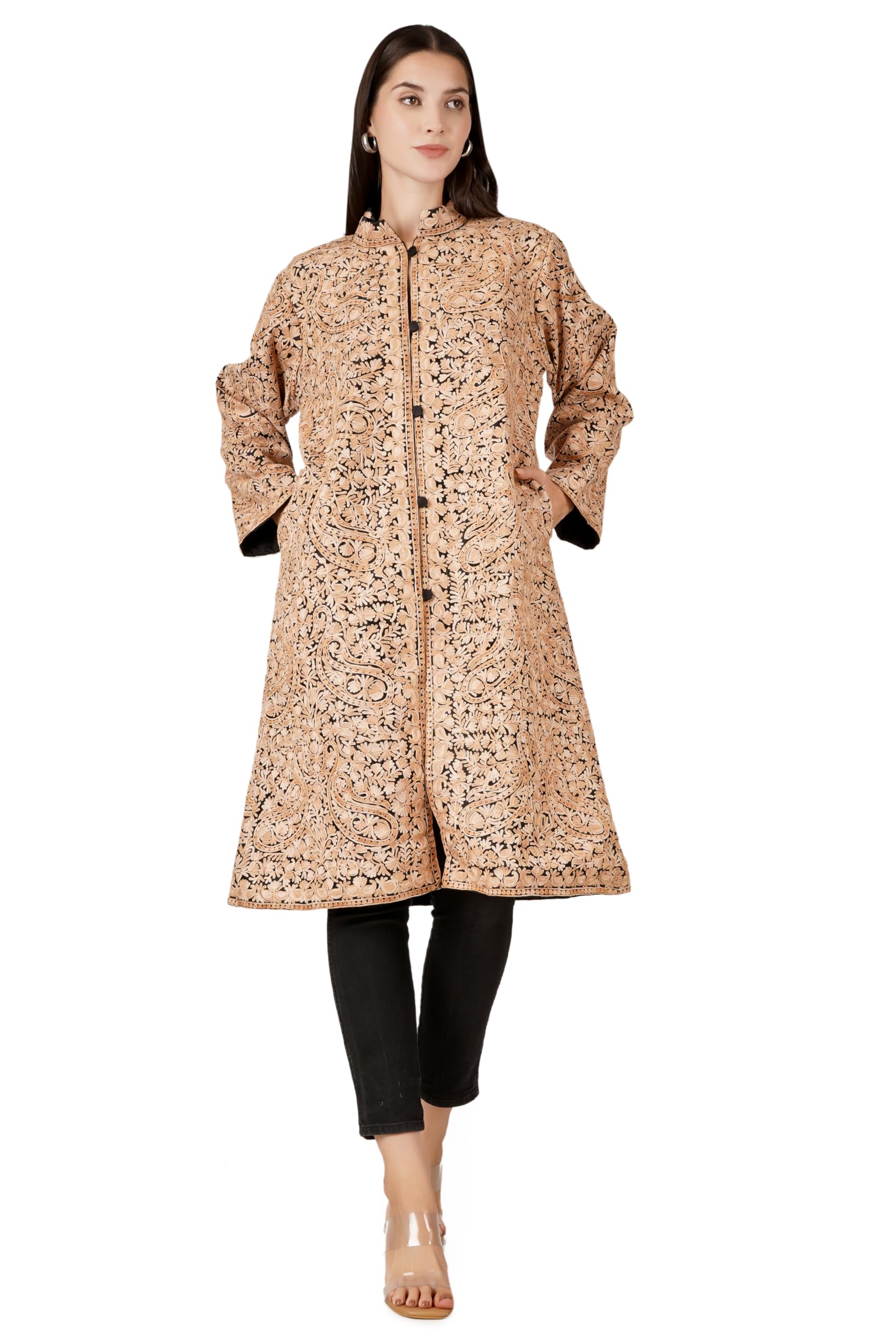 batin Long Kashmiri Embroidery Woollen Jacket, Kashmiri Aari Embroidered Jacket, Embroidered Winter Coat For Women-picture-16