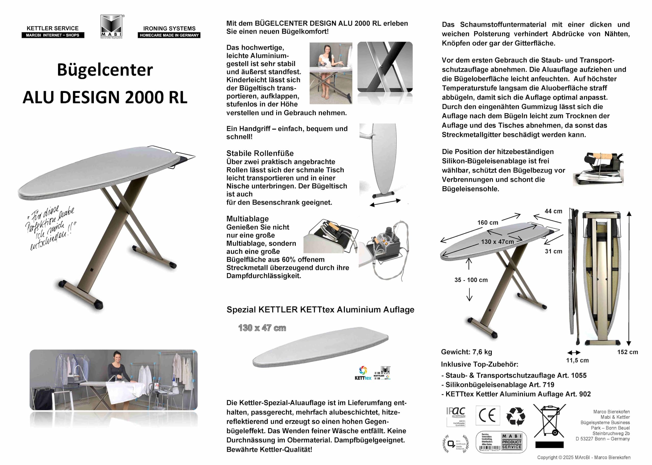 Mabi® 2000RL | Tabla de planchar profesional con superficie XXL 130×47 cm, muy estable, altura regulable y ruedas. | Con soporte XXL para plancha Homecare Made in Germany