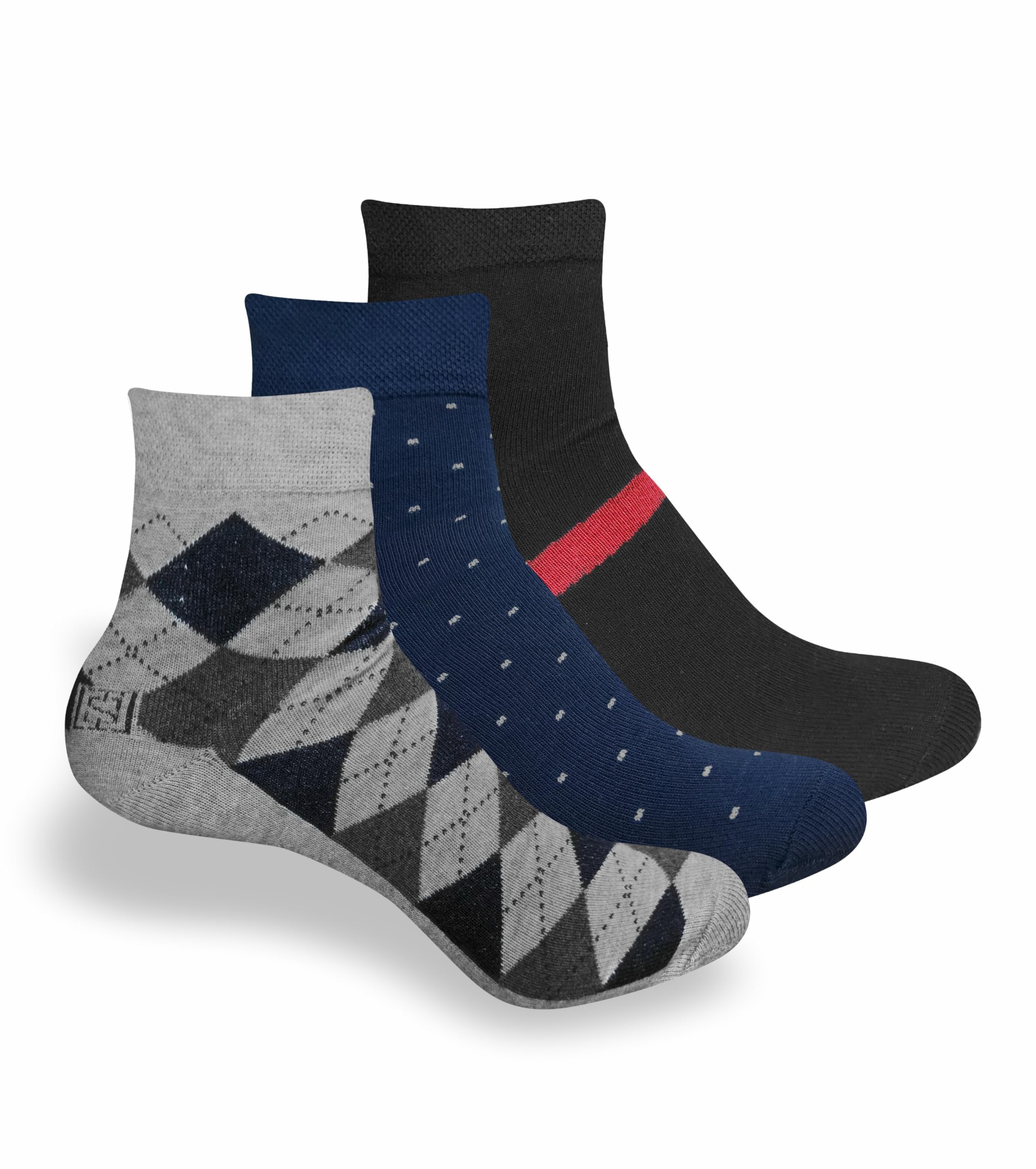 100% Cotton Compact Combed Socks for Men | Ankle Length | Formal Wear Socks | Breathable | Arch & Compression Support | Free Size | Pack of 3 (Black,Grey,Navy Blue)