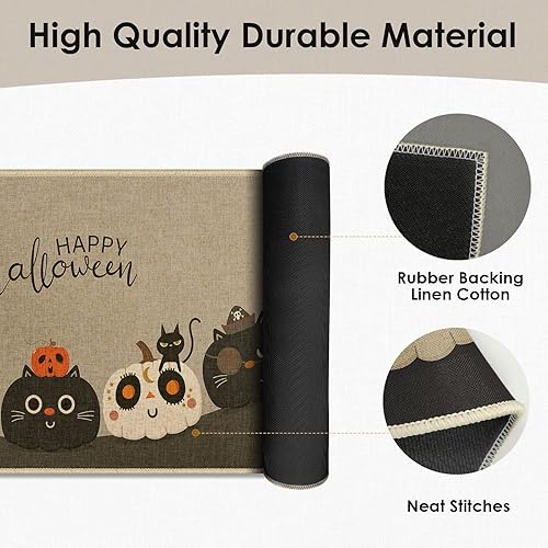 Miniatura 4 de Tapete de bienvenida de Halloween, bonito tapete de calabaza y gato, tapete de entrada para interiores y exteriores, antideslizante, absorbente,