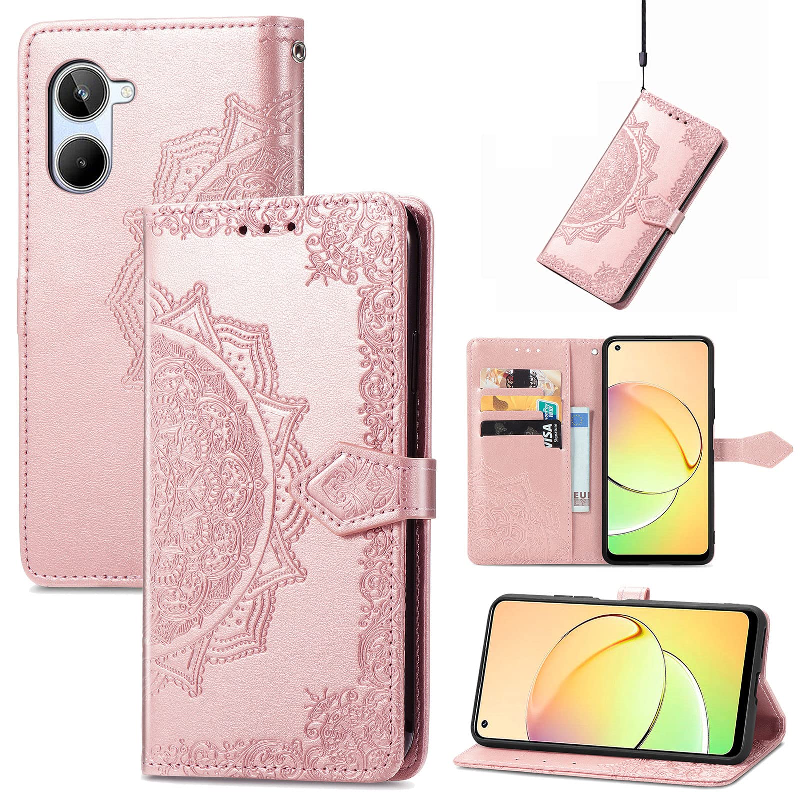 Custodia Wallet Con Fiori E Farfalle Per Realme 10 4G - Pelle PU, Chiusura Magnetica, Supporto, Slot Porta Tessere, Ricarica Wireless, Rosa
