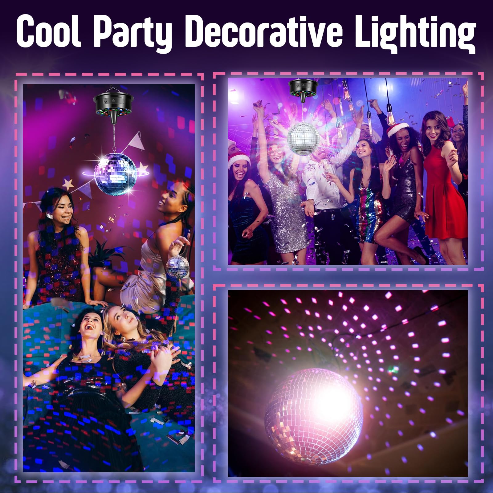Boule disco avec moteur et boule miroir de 15,2 cm, rotation 0/3/6/9/12/15 tr/min à vitesse variable, 12 couleurs d'éclairage et 4 modes d'éclairage, câble d'alimentation USB de 4,9 m et télécommande