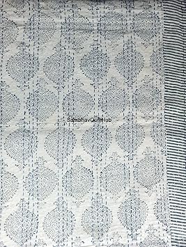 Blue Cotton Handmade Handblock Quilted Blanket Indian Cotton Spread Kantha Handblock Print Beork Bohemian Bed Decor Block Throw Blanket Twin/King/Queen (Queen 90X108 inches (8))