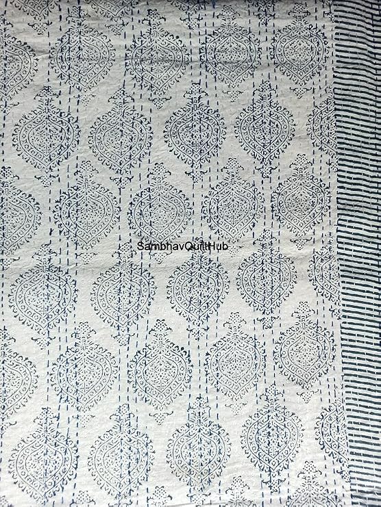 Blue Cotton Handmade Handblock Quilted Blanket Indian Cotton Spread Kantha Handblock Print Beork Bohemian Bed Decor Block Throw Blanket Twin/King/Queen (Queen 90X108 inches (8))