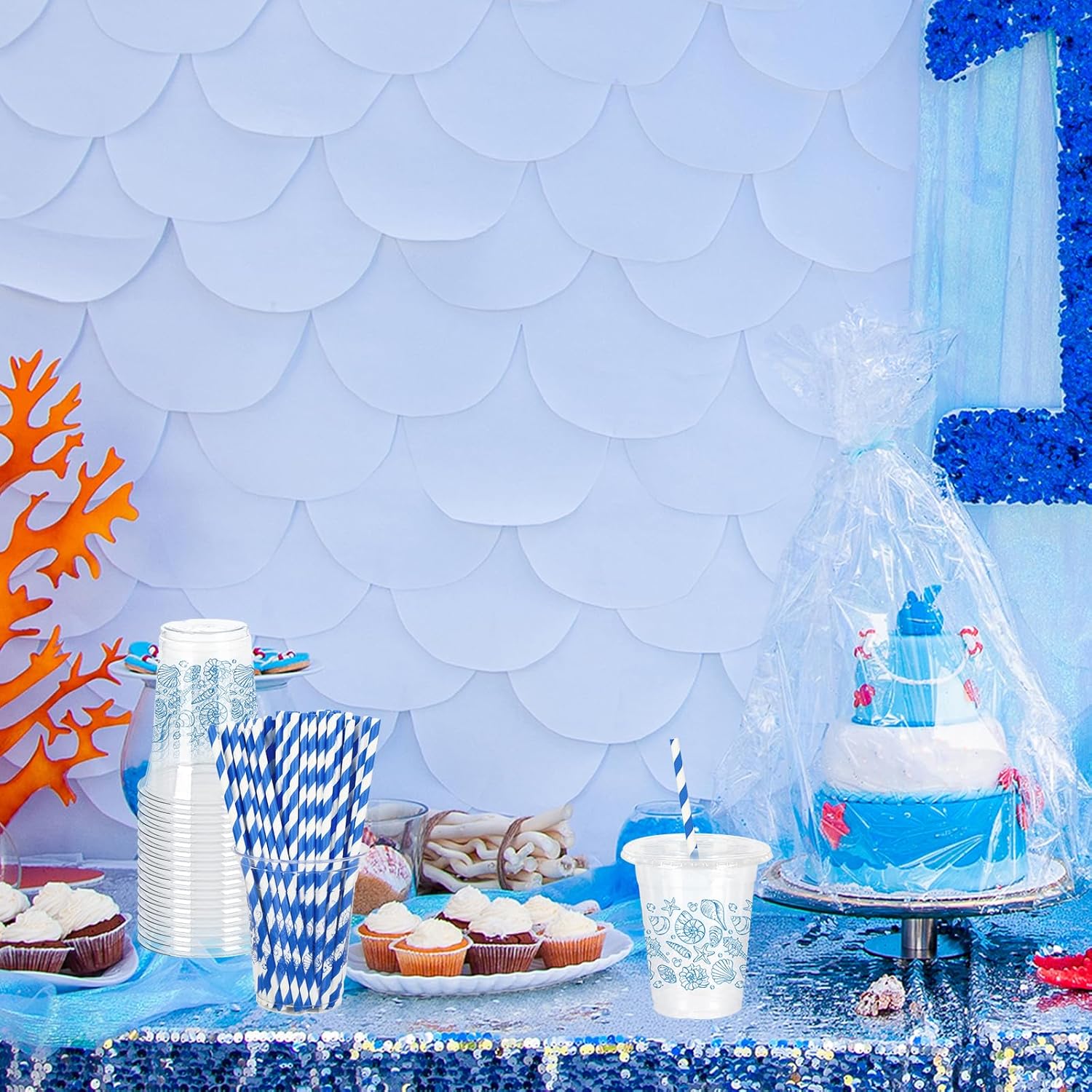 50Pcs 12Oz Blue Ocean Plastic Cups with Lids & Straws Seashell Starfish Disposable Clear Drinking Cups for Summer Beach Party Supplies - Image 6