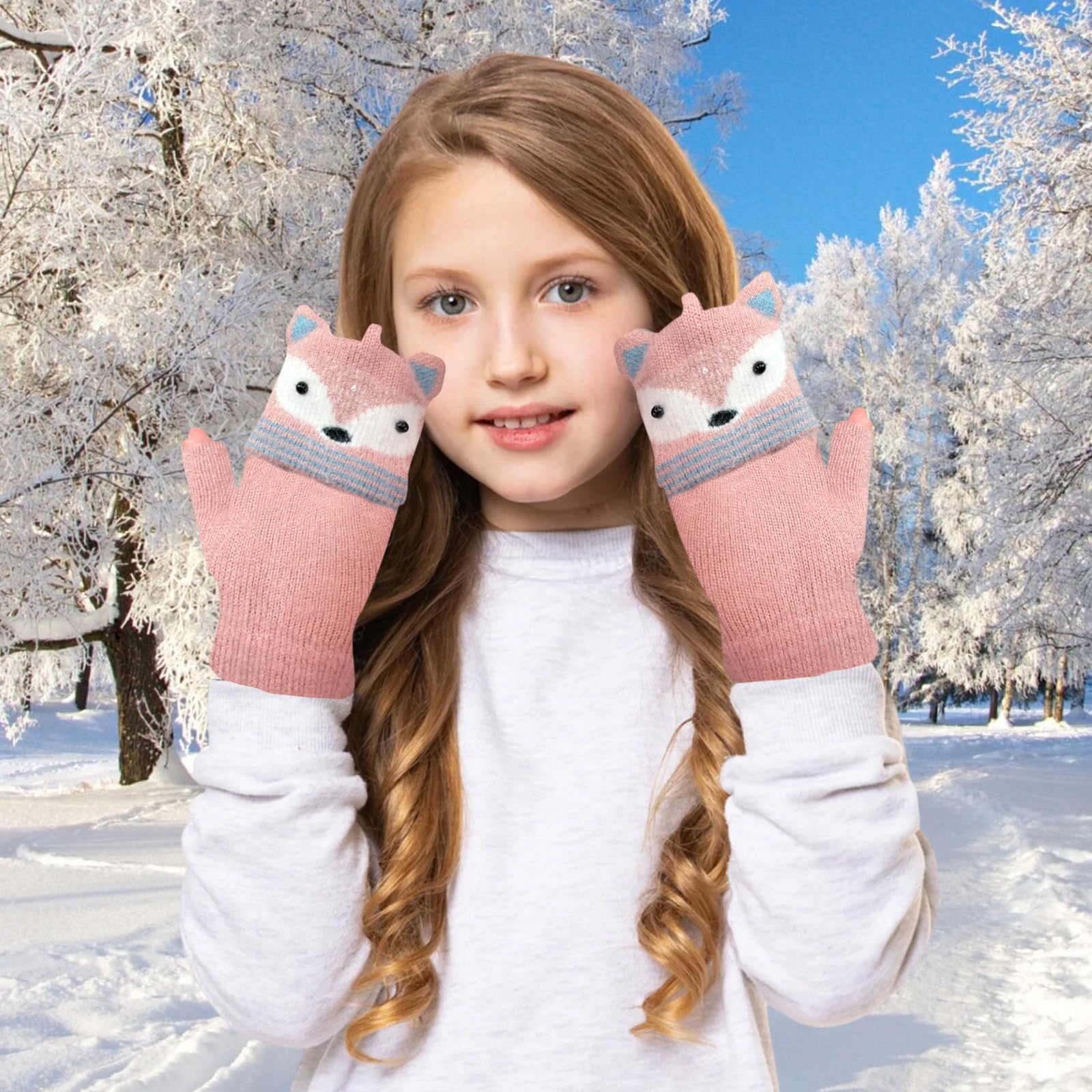 2 Pares Guantes para Niños sin Dedos, Guantes de Invierno para Niños, Cute Guantes Cálidos Convertibles con Tapa Abatible Suaves para Niñas y Niños de 3 a 9 Años