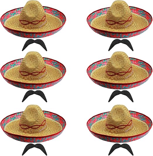 6 x red embroidery straw sombrero hat with 6 x moustaches mexican 6 x red embroidery straw sombrero hat with 6 x moustaches mexican