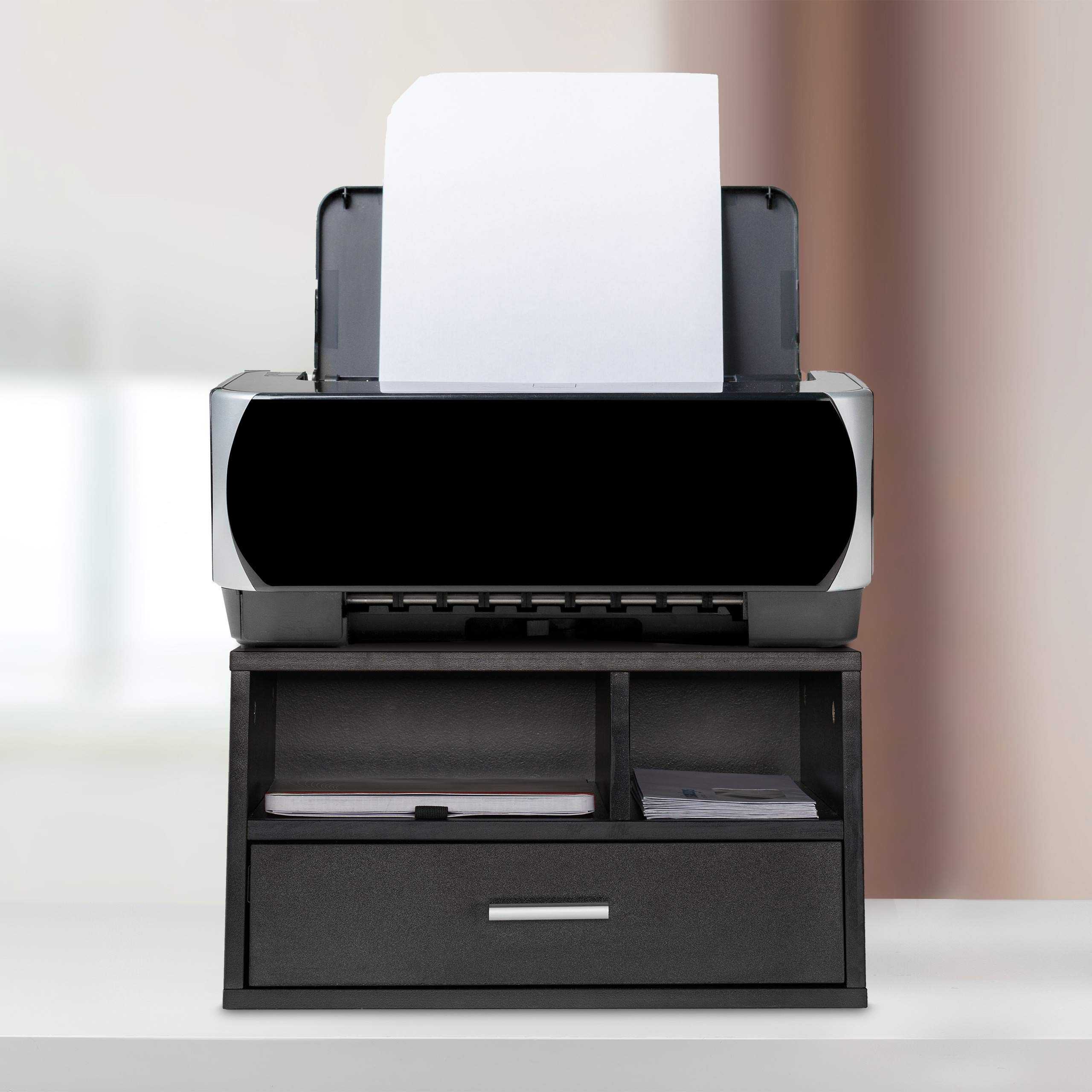 Relaxdays Porta Stampante da Scrivania, Supporto 3 Scomparti, con Cassetto, Portadocumenti, 22x40x30 cm, Organizer, Nero