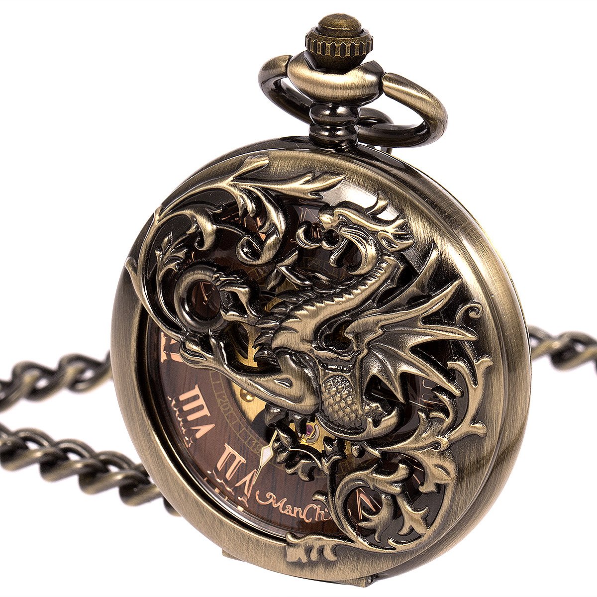 Manchda Pocket Watch Bronze Dream Dragon Case Mechanical Double