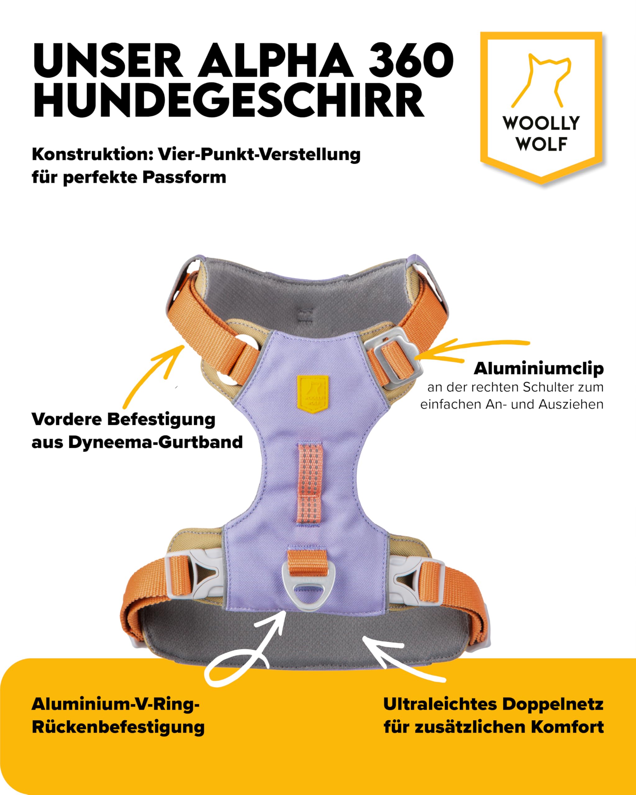Woolly Wolf Alpha 360 Dog Harness S Lavendel Mix - Hundegeschirr für kleine Hunde aus 100% recyceltem Polyester, Verstellbar & leicht, Perfekt an den Hundekörper anpassbar