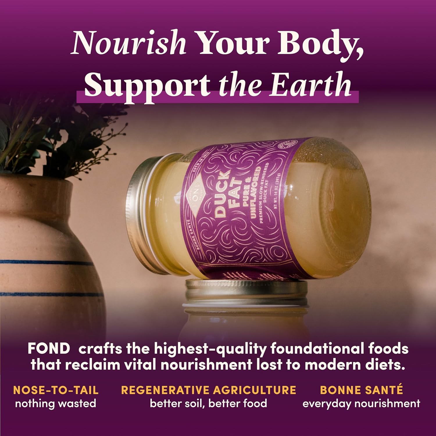 FOND Regenerative Pure Duck Fat for Cooking - 14oz Pure & Unflavored Rendered Duck Fat, High Smoke Point Oil for Searing, Roasting, Sautéing - Keto & Paleo Friendly, Neutral Buttery Flavor & Non-GMO