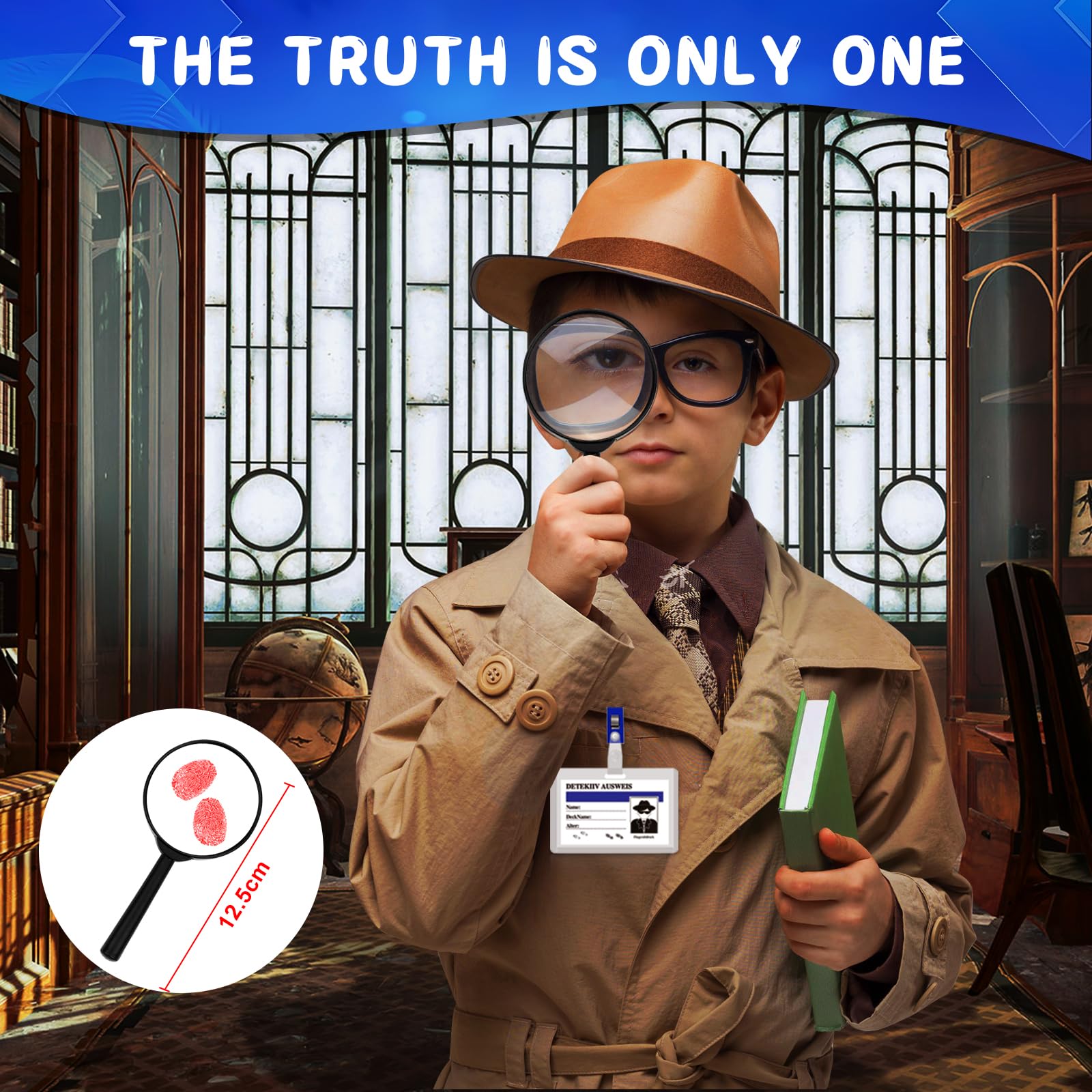 Gioco investigativo per bambini, 50 pezzi, kit spia con notebook, lente d'ingrandimento e carte d'identità detective