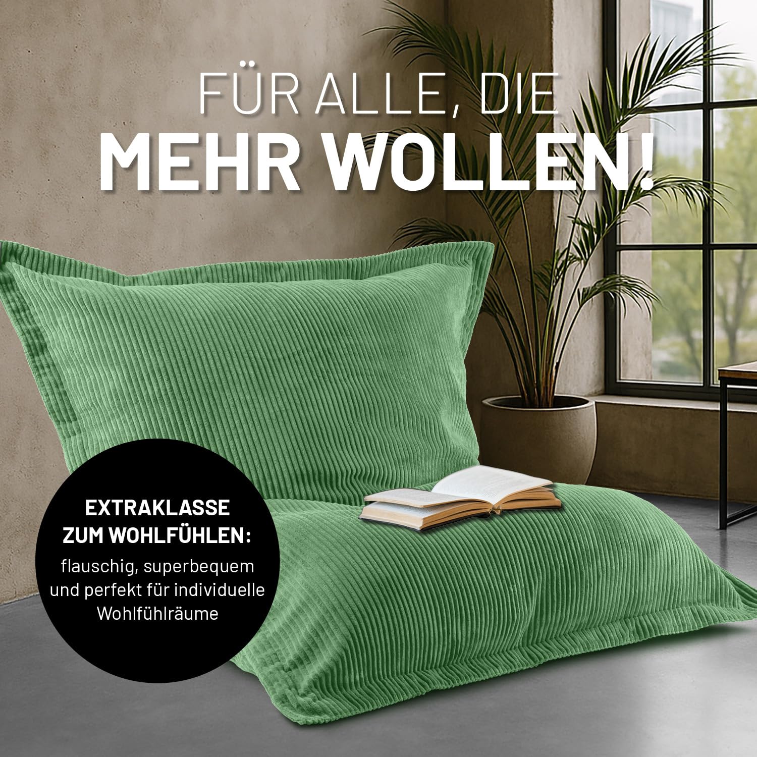 Lumaland Worek do siedzenia Classic XXL Cord, ogromny worek do siedzenia XXL, o miękkiej żebrowanej strukturze, idealny do sofy i foteli sztruksowych, do salonu, sypialni itp. – 380 l, 140 x 180 cm