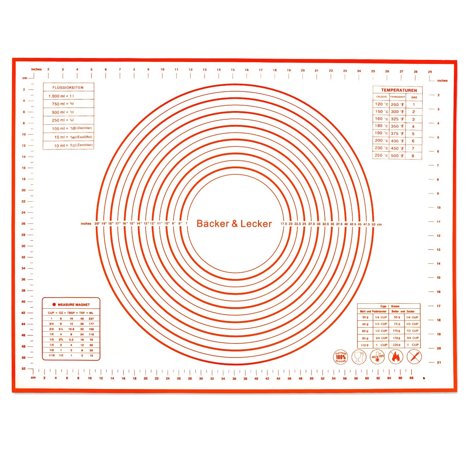 Bäcker & Lecker XXL Silikon Backmatte 60x80cm Extra Rutschfeste Teigmatte zum Ausrollen & Kneten Backunterlage mit Klarer Maßeinteilung BPA-frei Silikonbackmatte Dauerbackfolie für Fondant Pizza Brot
