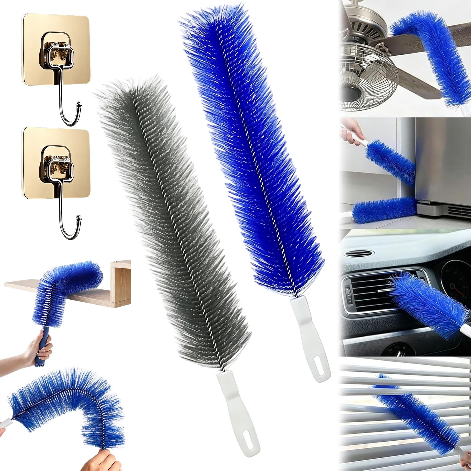 Bendable Microfiber Head, Cobweb Duster, Ceiling Fan Cleaner Duster with Flexible Head, Fan Cleaner Brush Reusable Dust Remover Washable for Electric Fans, Air Conditioning, Car Vents (1blue 1gray)