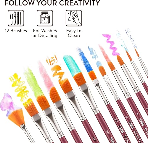 Miniatura 11 de H&S Juego de 12 pinceles de pintura profesional para artistas, punta redonda plana para pintura al óleo de acuarela acrílica, pinceles de acuarela