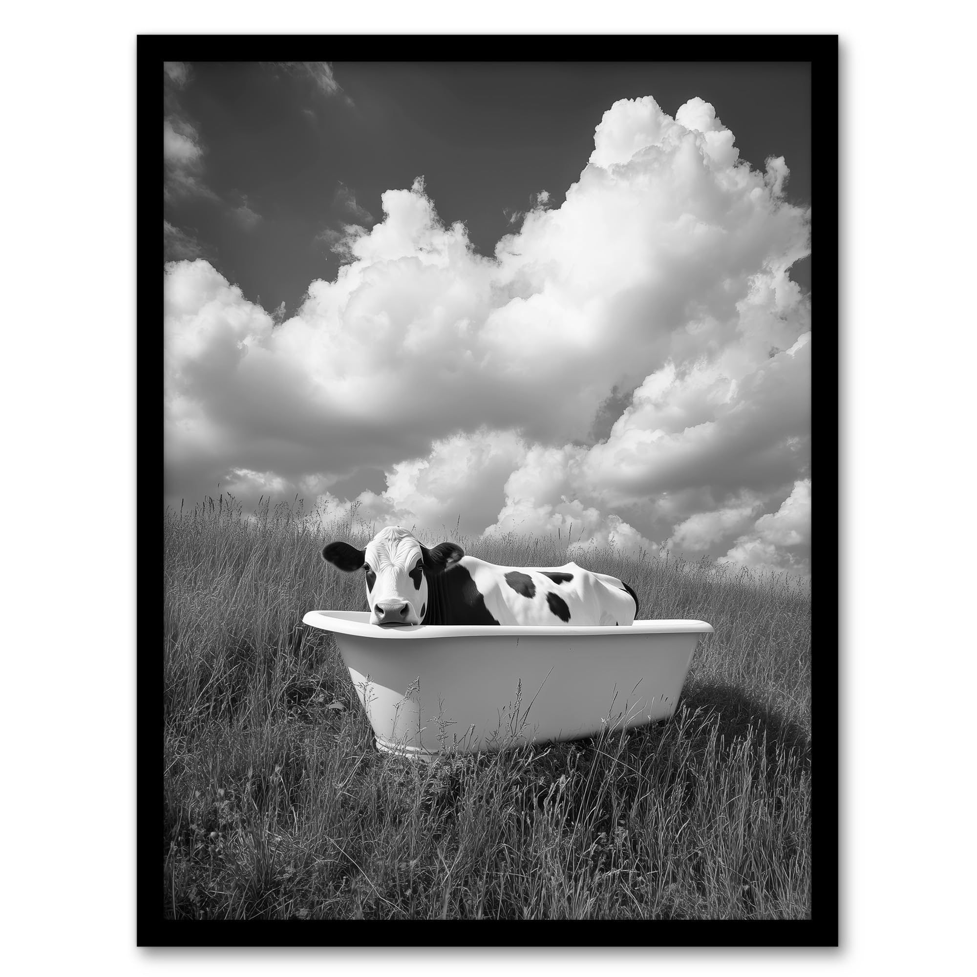 Artery8 Cow In Bathtub in a Field Black White Surreal Bathroom Toilet Artwork Framed Wall Art Print A4