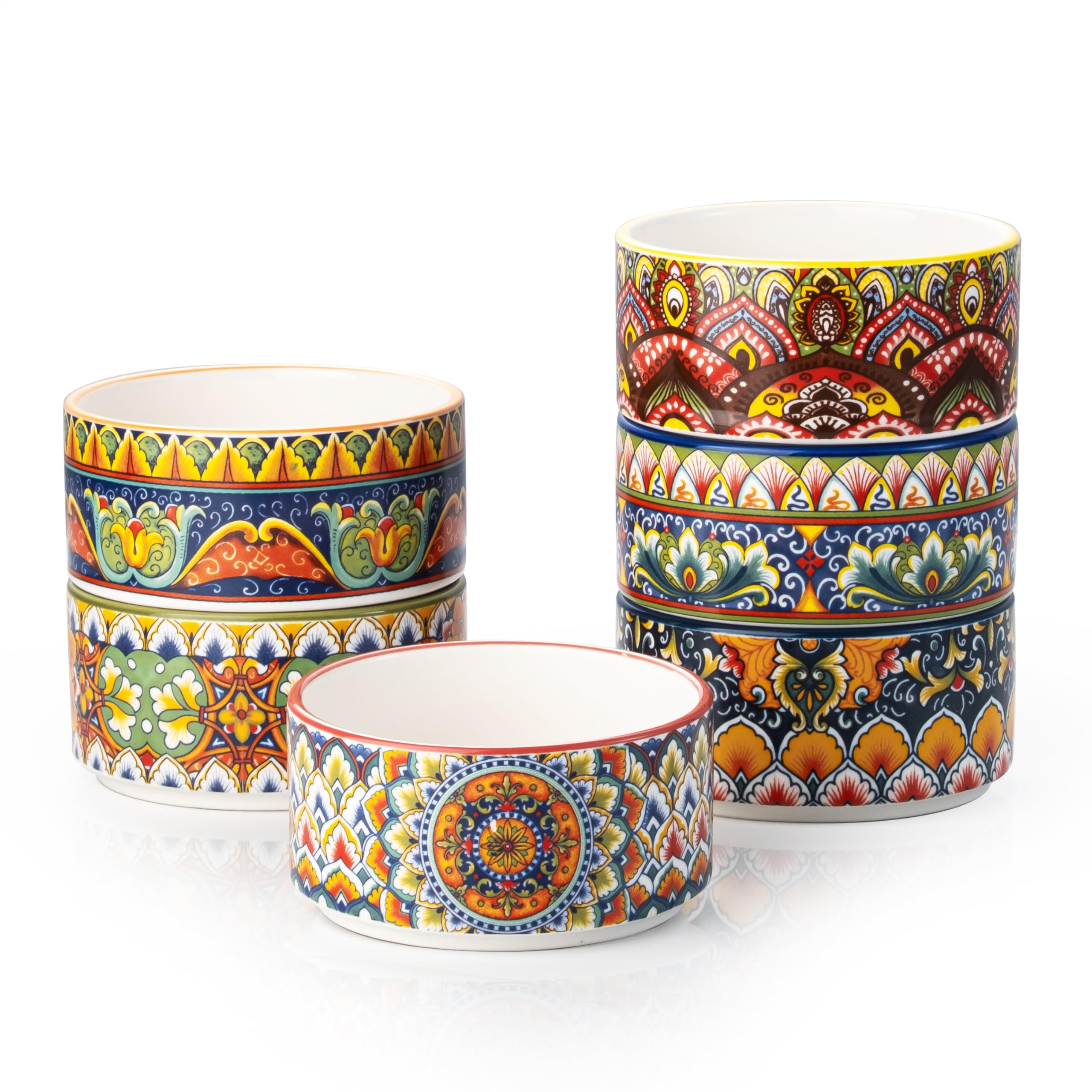 Creme Brulee Souffle Dishes, 8 oz Mini Casserole Dishes Set of 6, Porcelain Dessert Bowls for Ragout Fin and Pudding, Microwave and Oven-Safe - Bohemian Style
