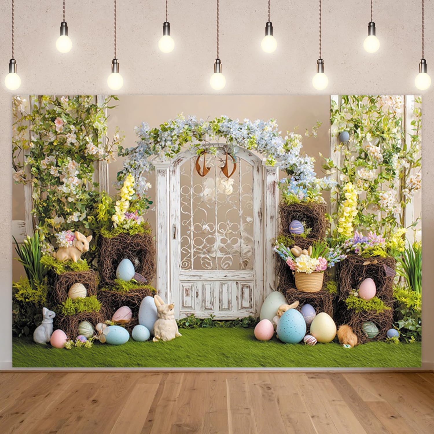 6 x 3 m tło drzwi wielkanocnych w stylu vintage, pastelowy łuk kwiatowy, białe drzwi, tło fotograficzne, wystawy gniazda i rekwizyty zajączków, rustykalne studio fotograficzne, rekwizyty