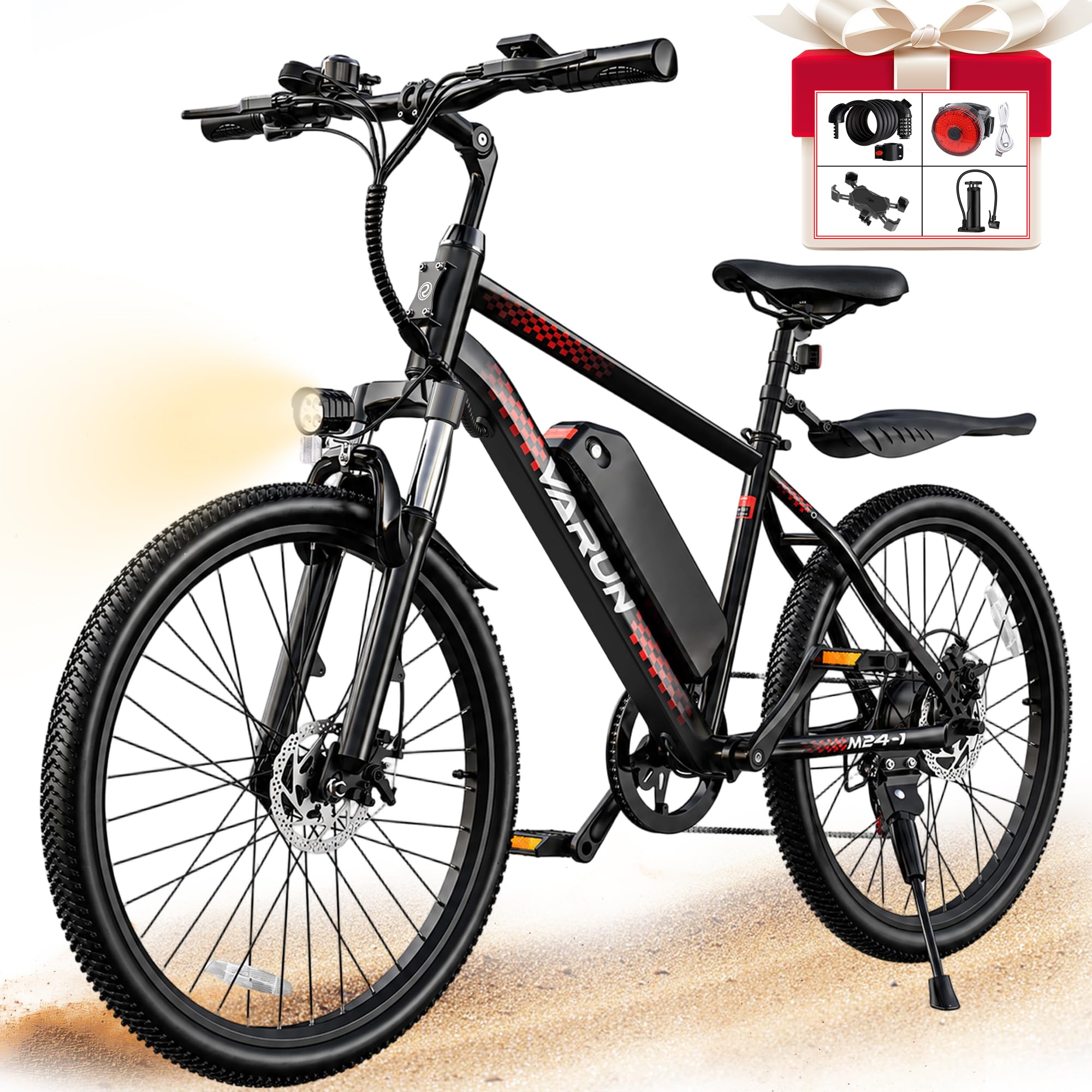 VARUN Electric Bike for Adults - Peak 500W 20MPH Up to 40Mile Commuter Ebike with Removable Battery, All Terrain E-Bikes with 7-Speed Fork Suspension and Dual Disc Brakes Includes Four Accessories