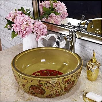 Bathroom Vessel Sink, Antique Vanity Bowl Basin Slivy Vintage Ceramic Bathroom Vessel Sink Round European Above Counter Porcelain Art Bowl