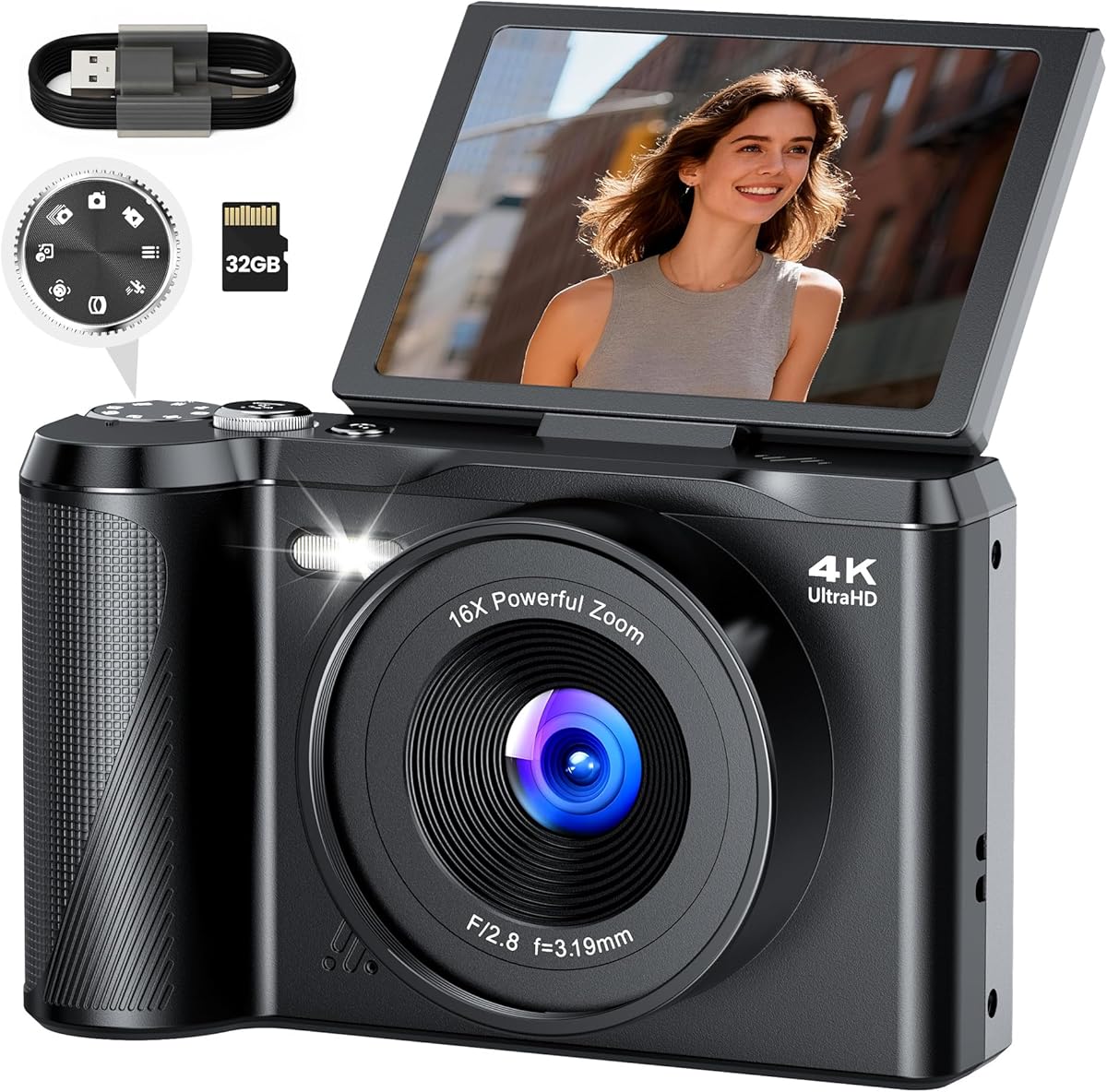 Digital Camera 4K for Photography Vlogging: 56MP Cameras with Mode Dial for Video - 16X Zoom Photo Camera Gifts for Teens Ages 8-16 - 180°Flip Screen Compact Cámara - Point and Shoot Digital Cameras